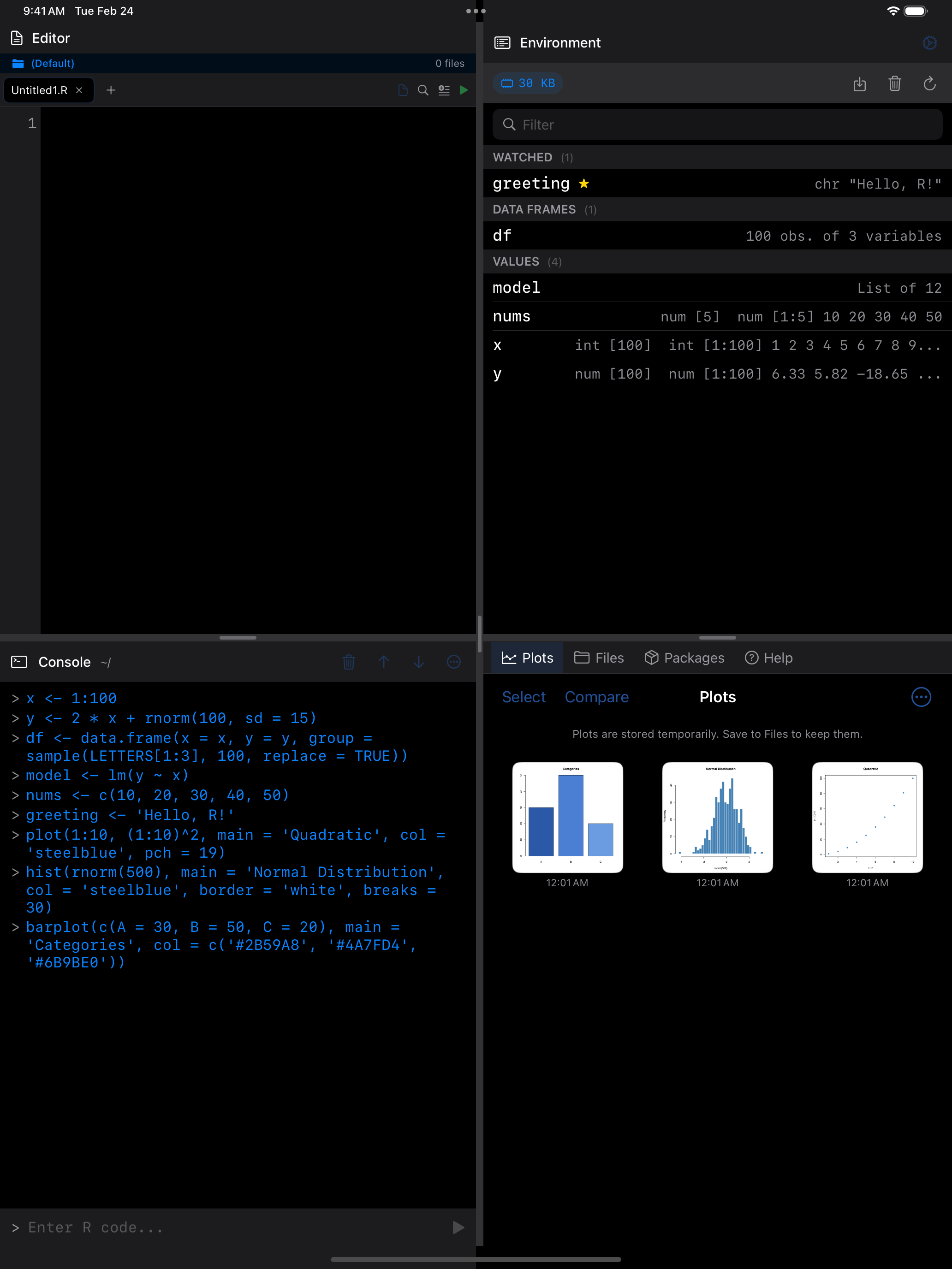 iPad showing 4-Pane Workspace layout in dark mode