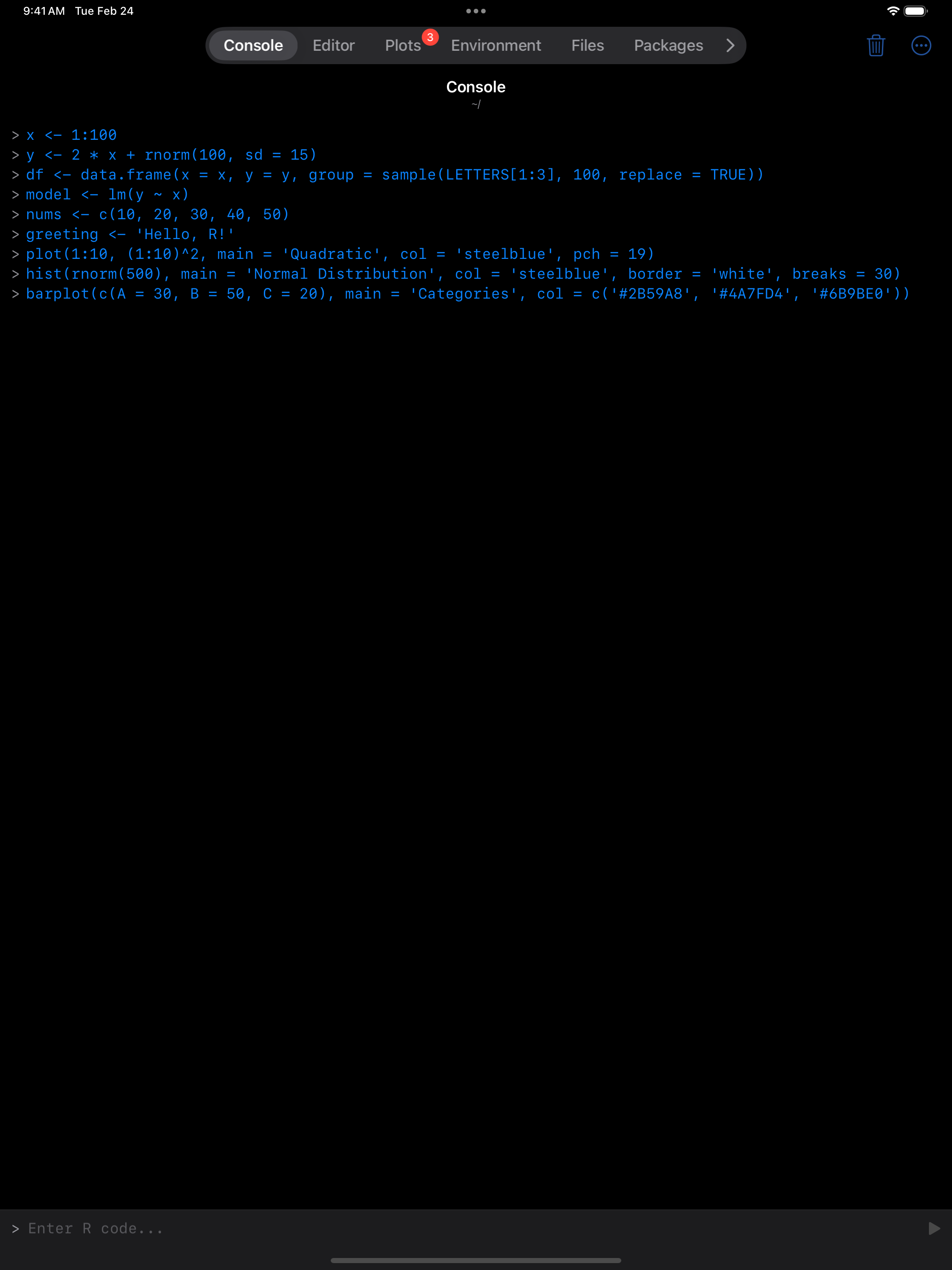 iPad showing Tab Bar navigation in dark mode