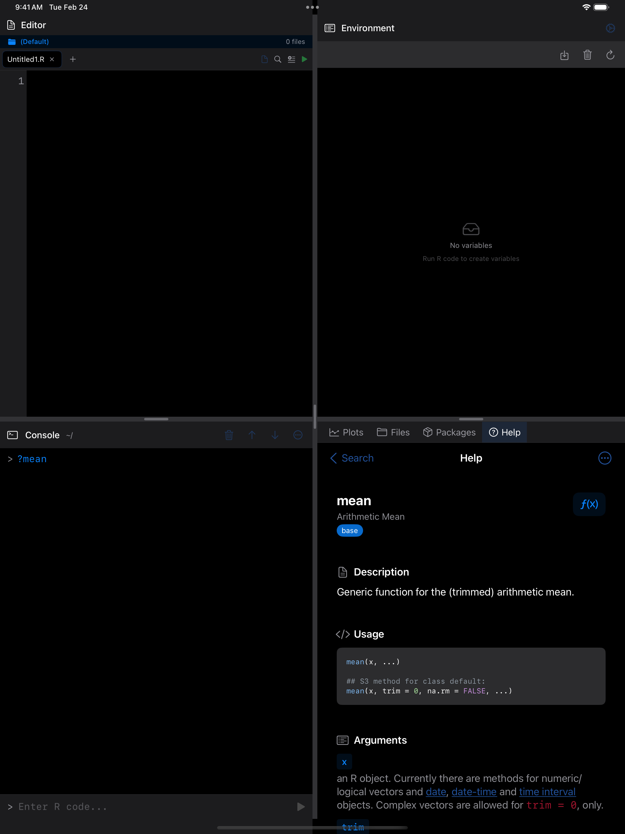 Help page for mean() on iPad in dark mode