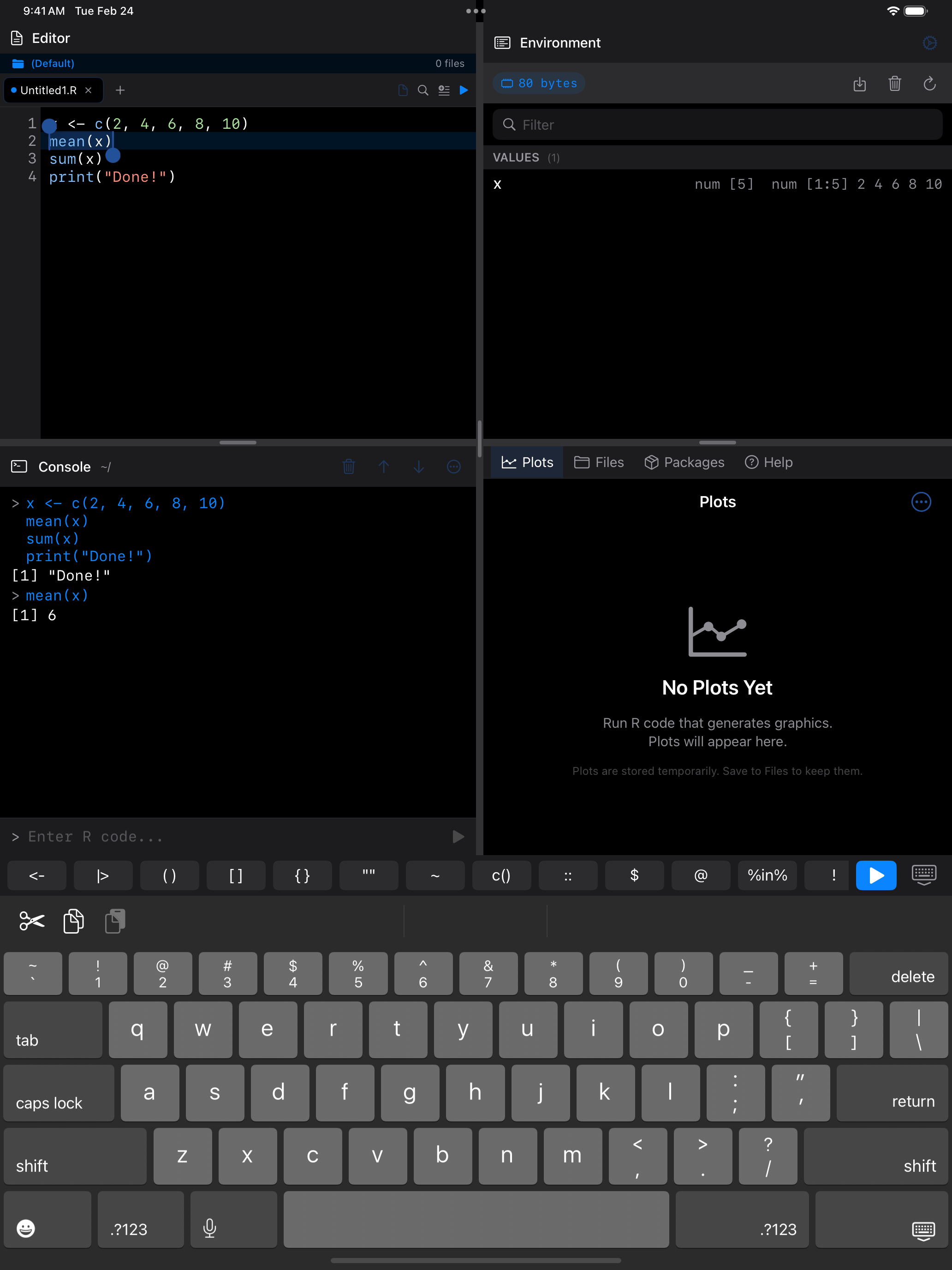 Run selection with blue play button on iPad