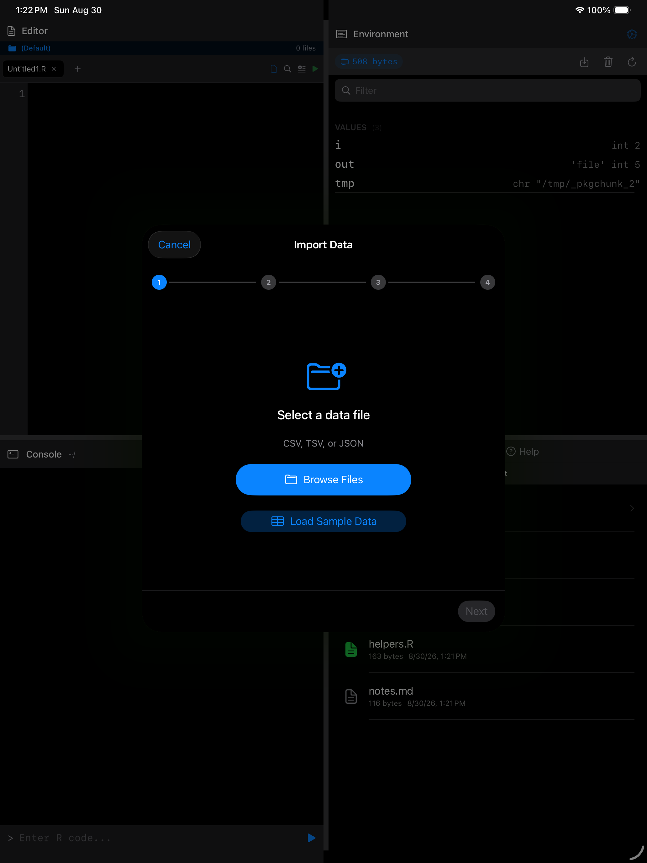 Data Import Wizard step 1 with Browse Files and Load Sample Data on iPad in dark mode