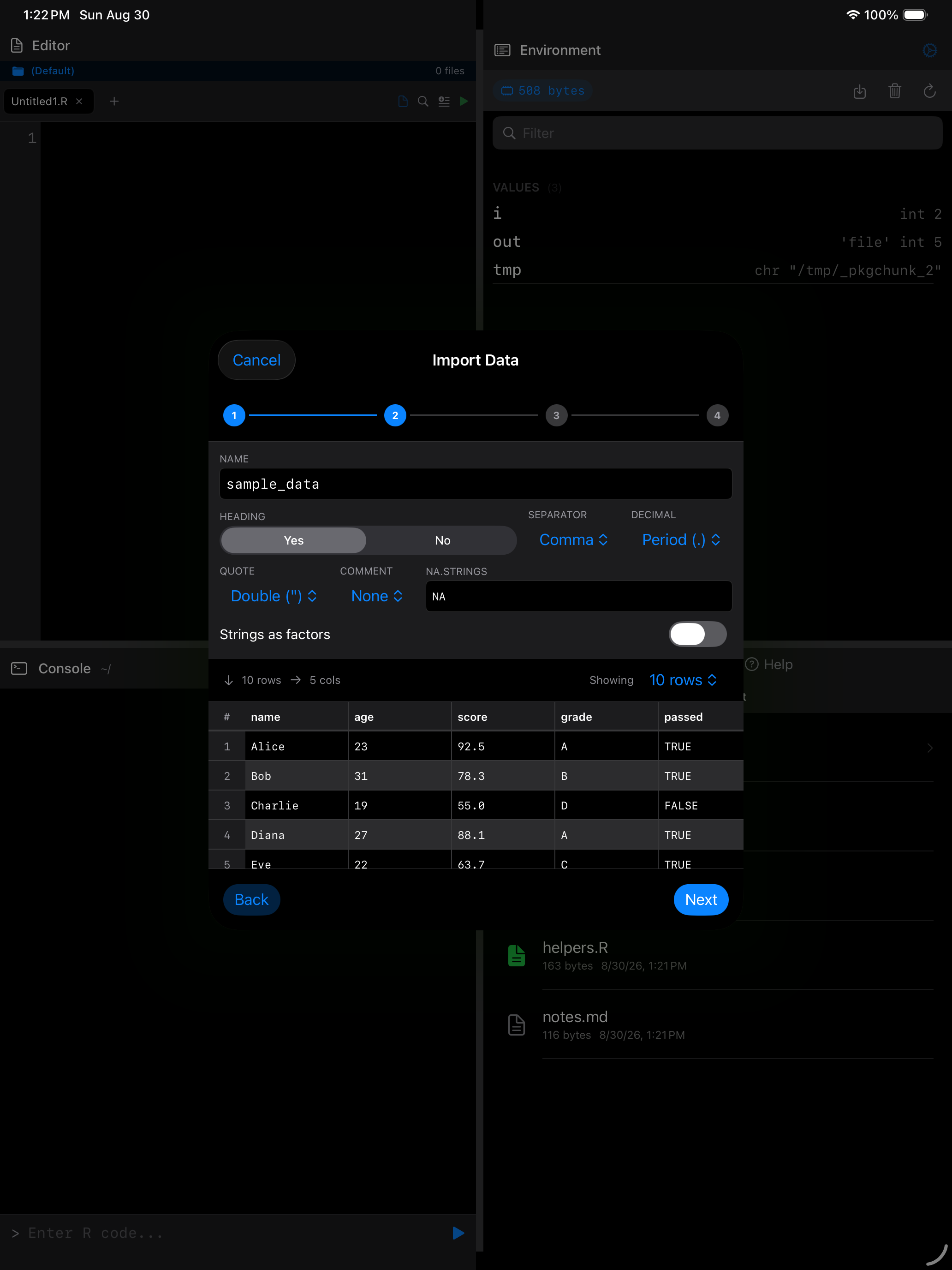 Wizard parsing options with live data preview on iPad in dark mode