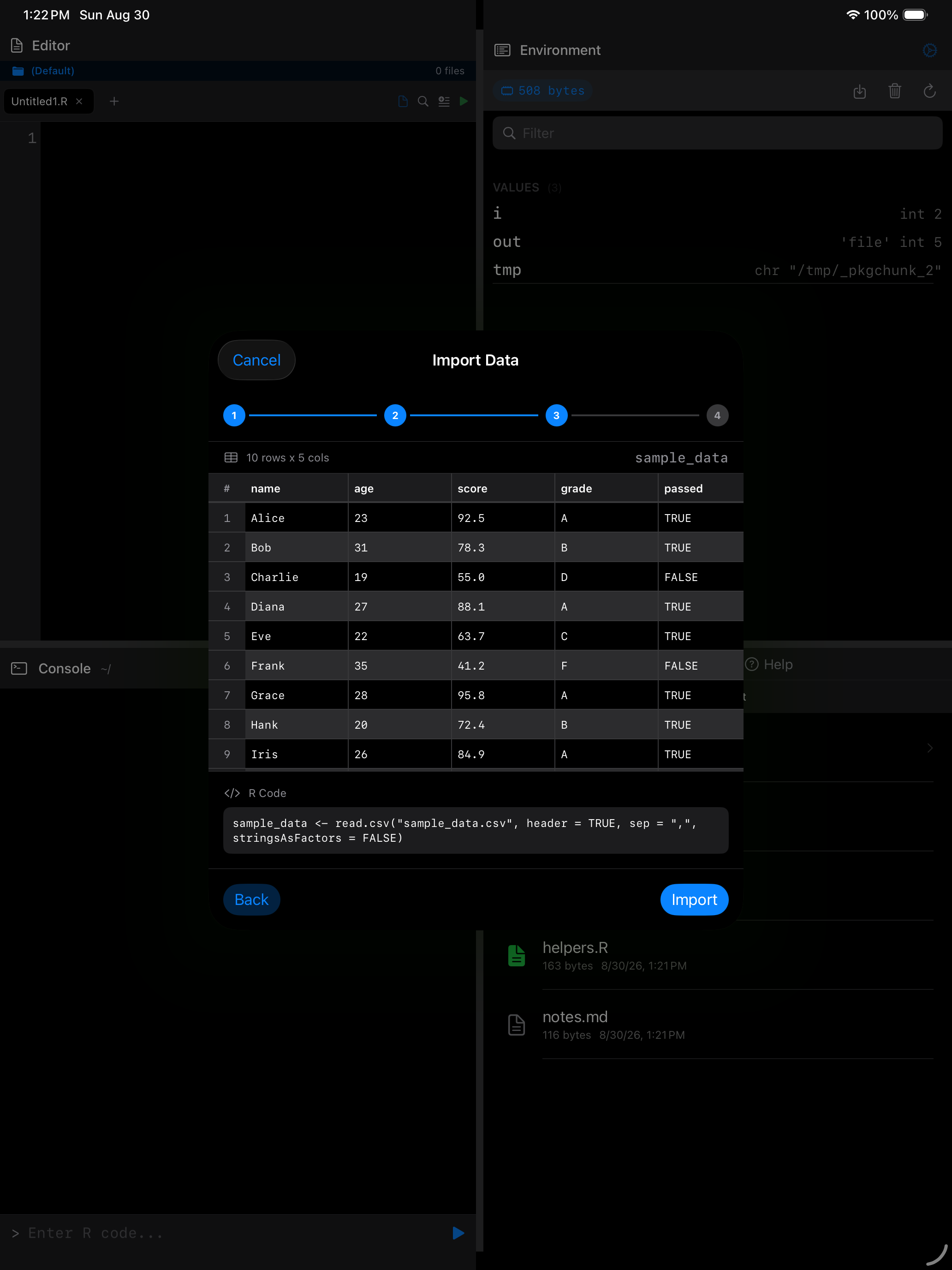 Wizard review step showing the generated read.csv call on iPad in dark mode