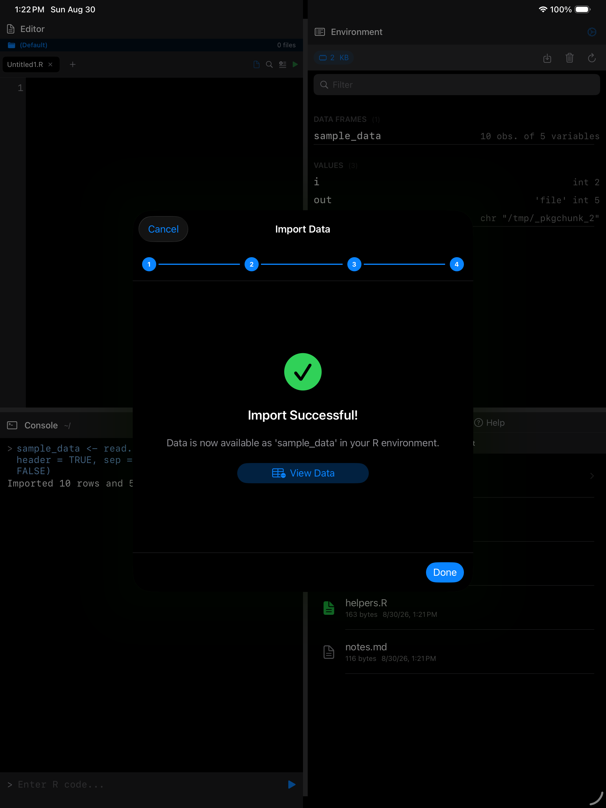 Wizard import success with the View Data button on iPad in dark mode