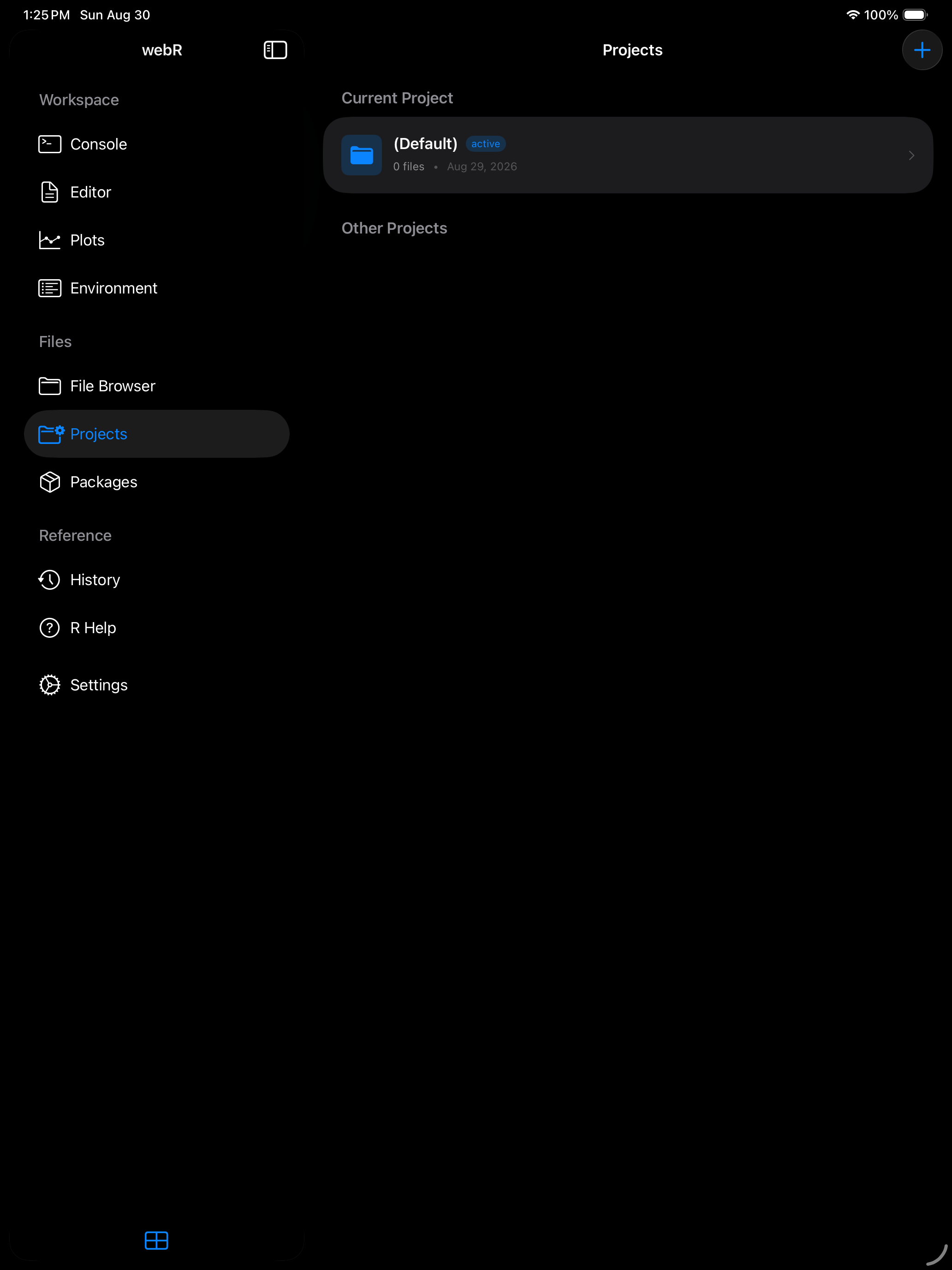 New Project sheet with name and description fields on iPad in dark mode
