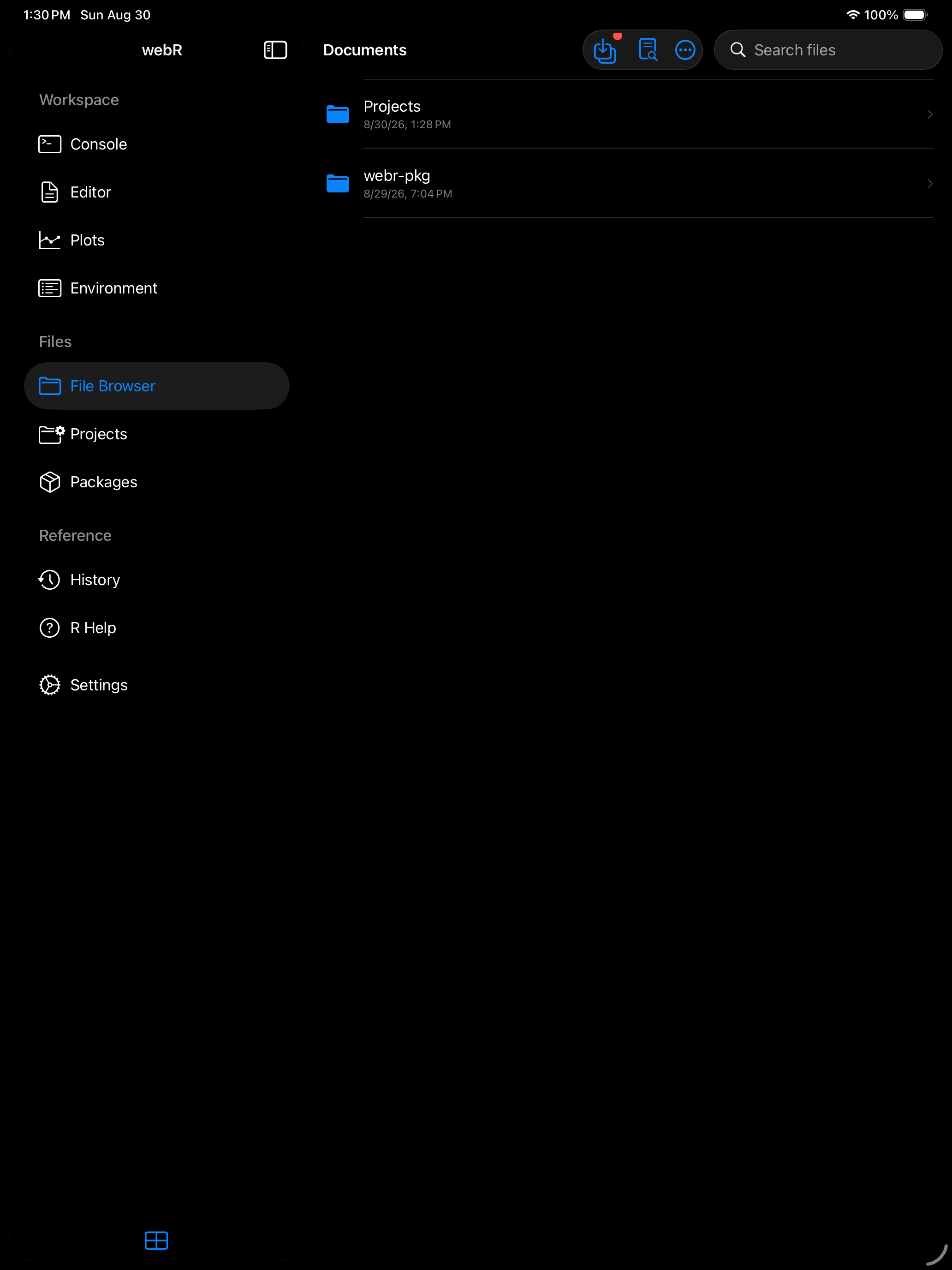 Files toolbar with the shared files notification badge on iPad in dark mode