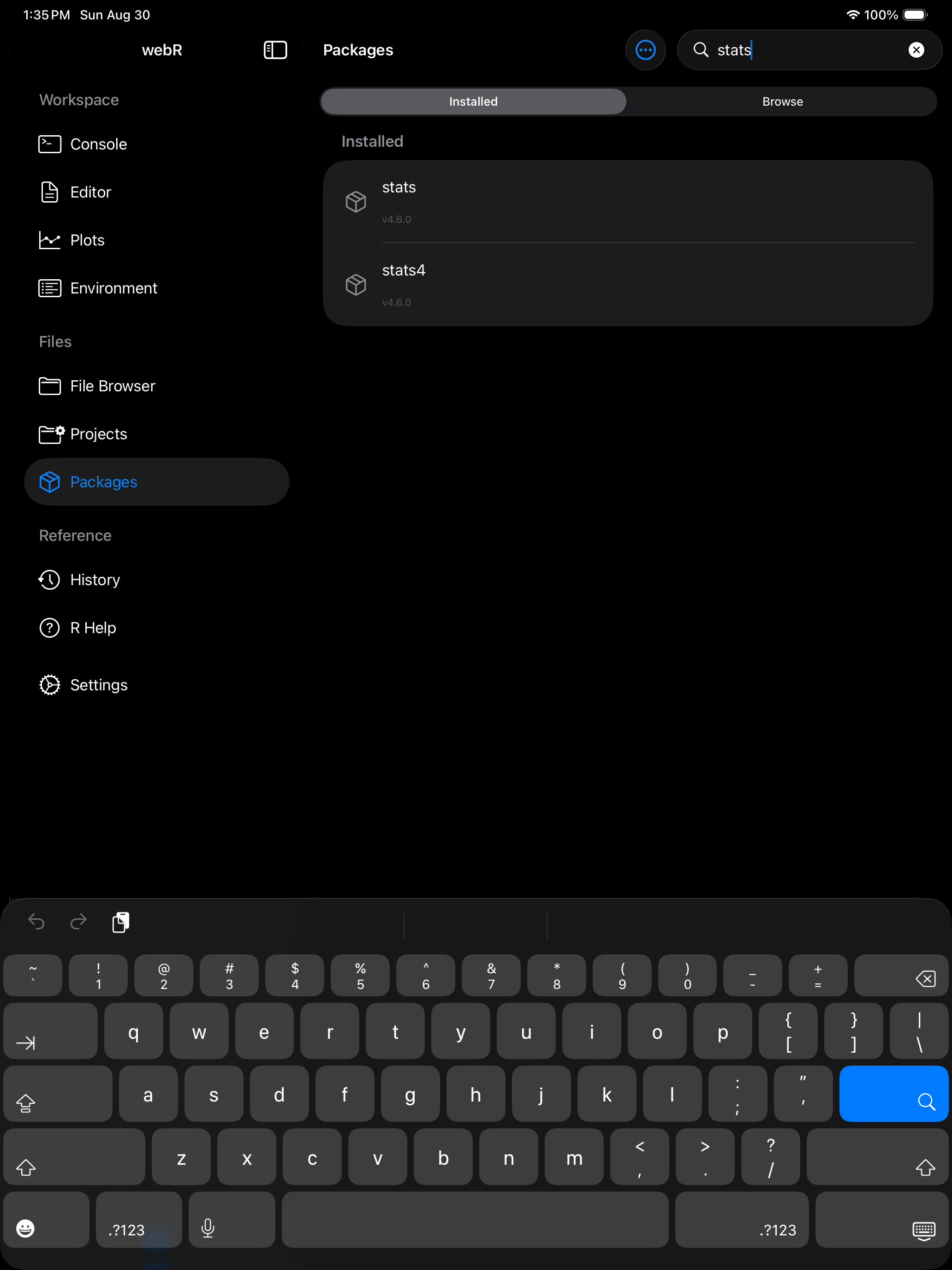 Packages tab search filtering the installed list on iPad in dark mode