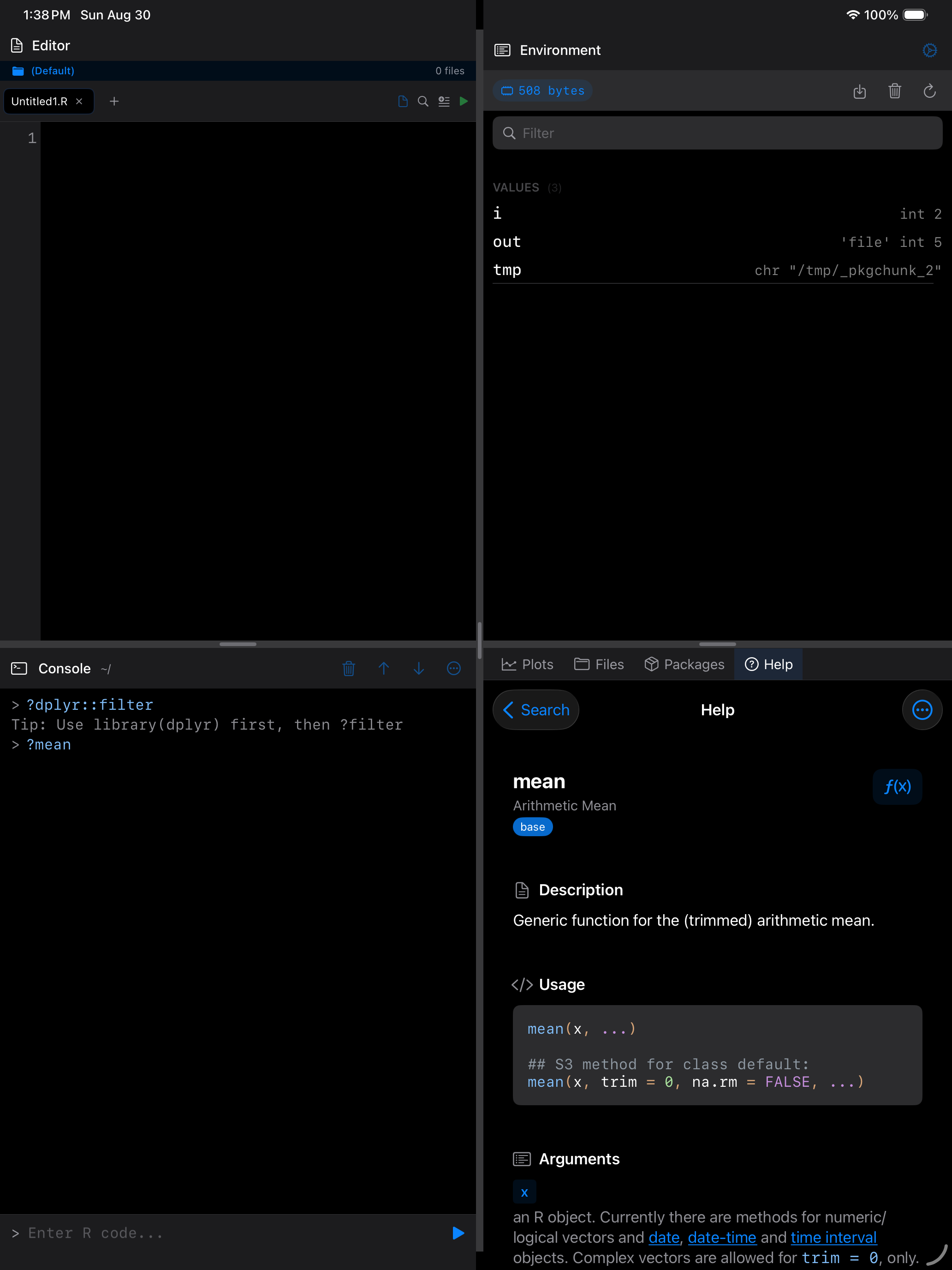 Help page for the mean function opened from the Console on iPad in dark mode