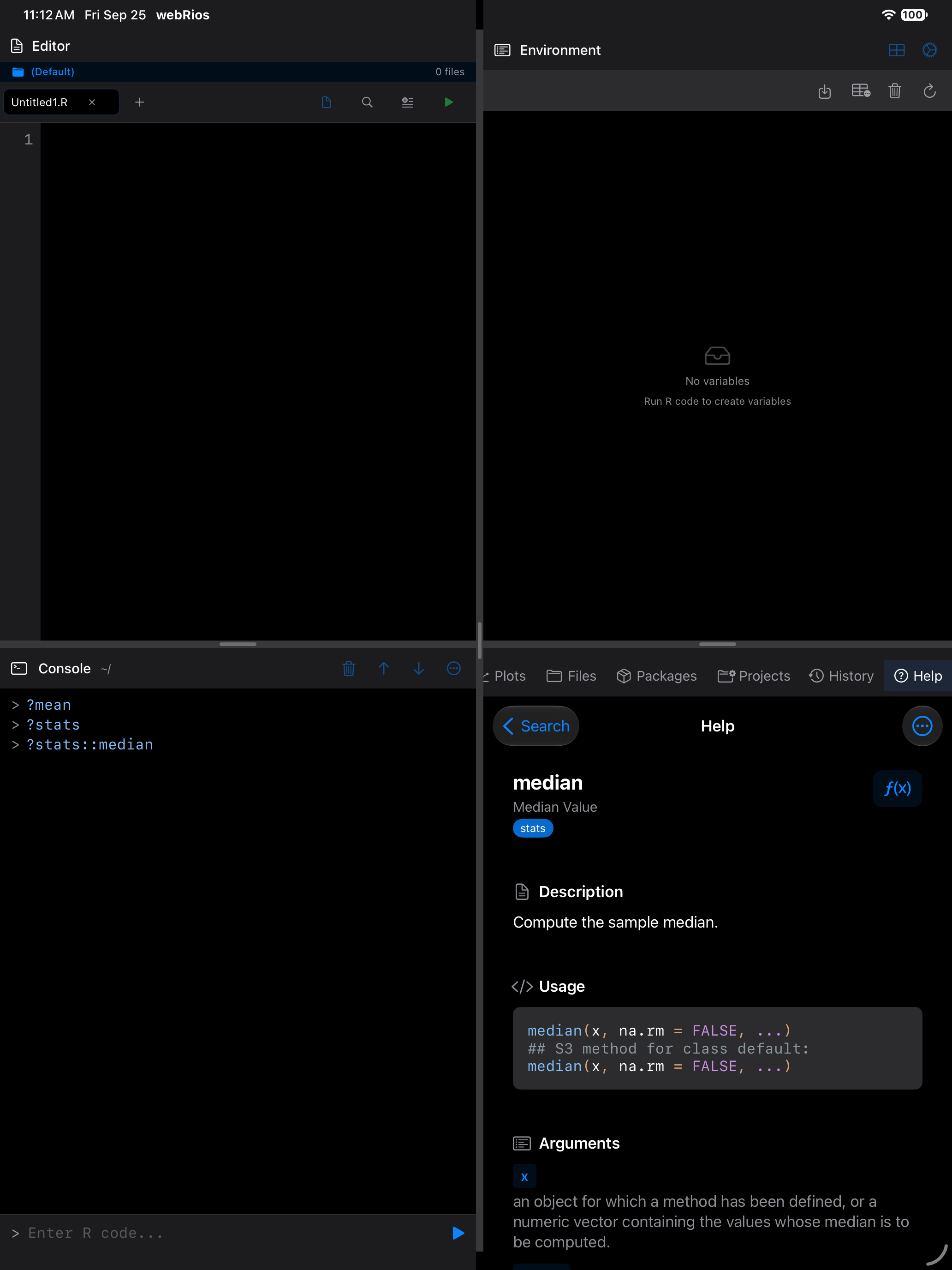 Help page for stats::median opened from the Console with ?stats::median on iPad in dark mode