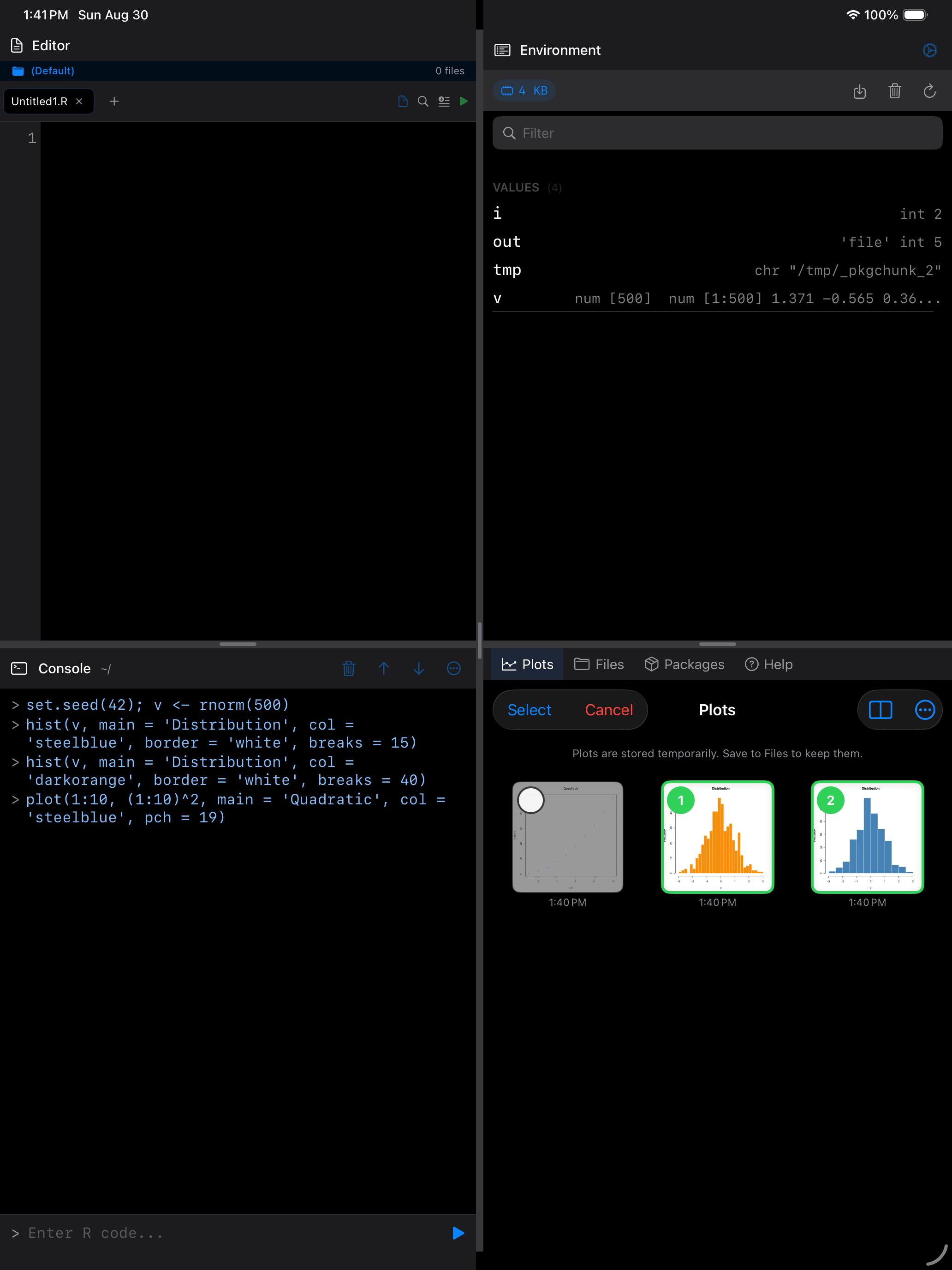 Two plots selected for comparison with numbered badges on iPad in dark mode