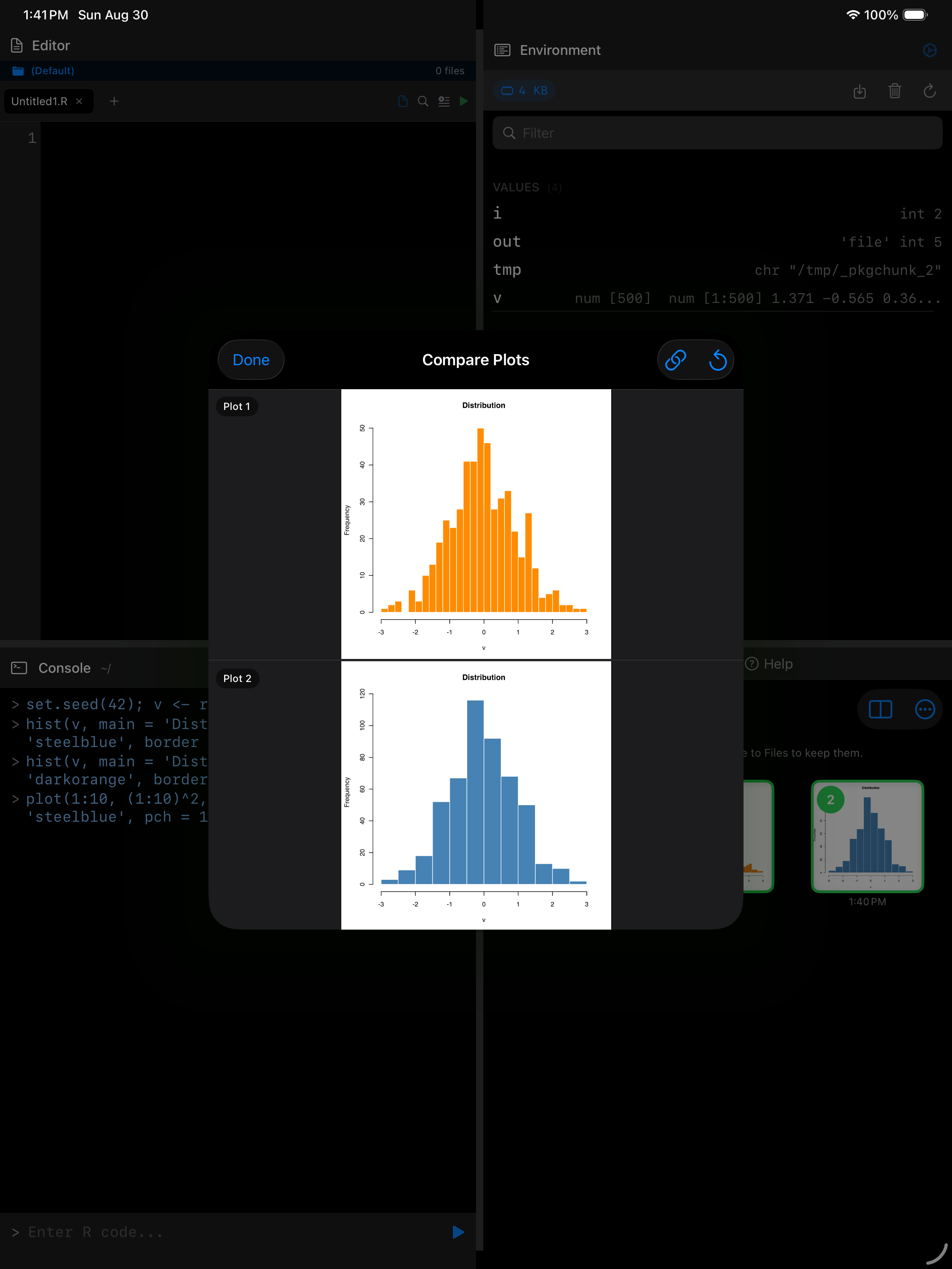 Comparison view showing both plots side by side on iPad in dark mode