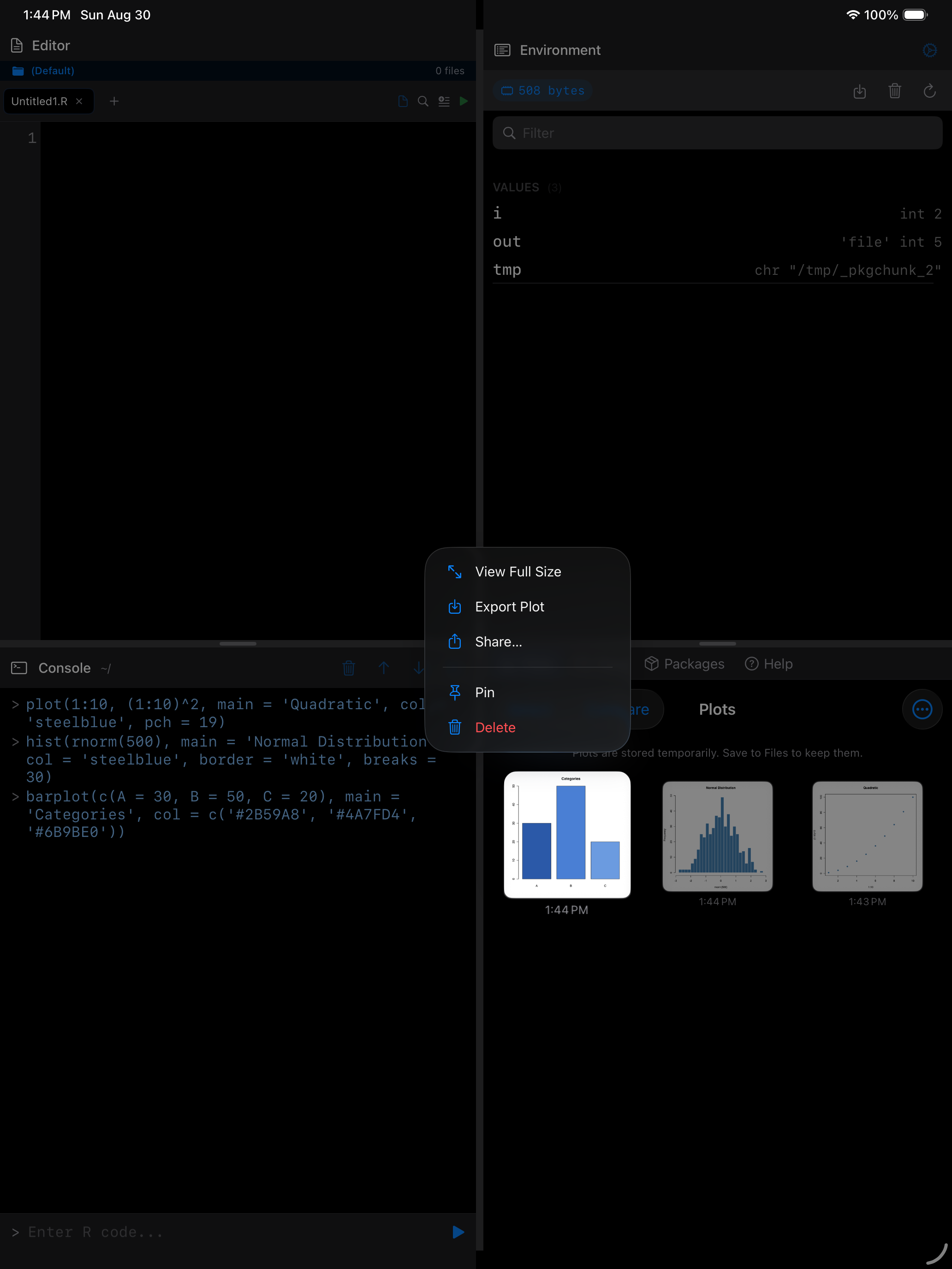 Long press context menu on a plot thumbnail showing Pin on iPad in dark mode