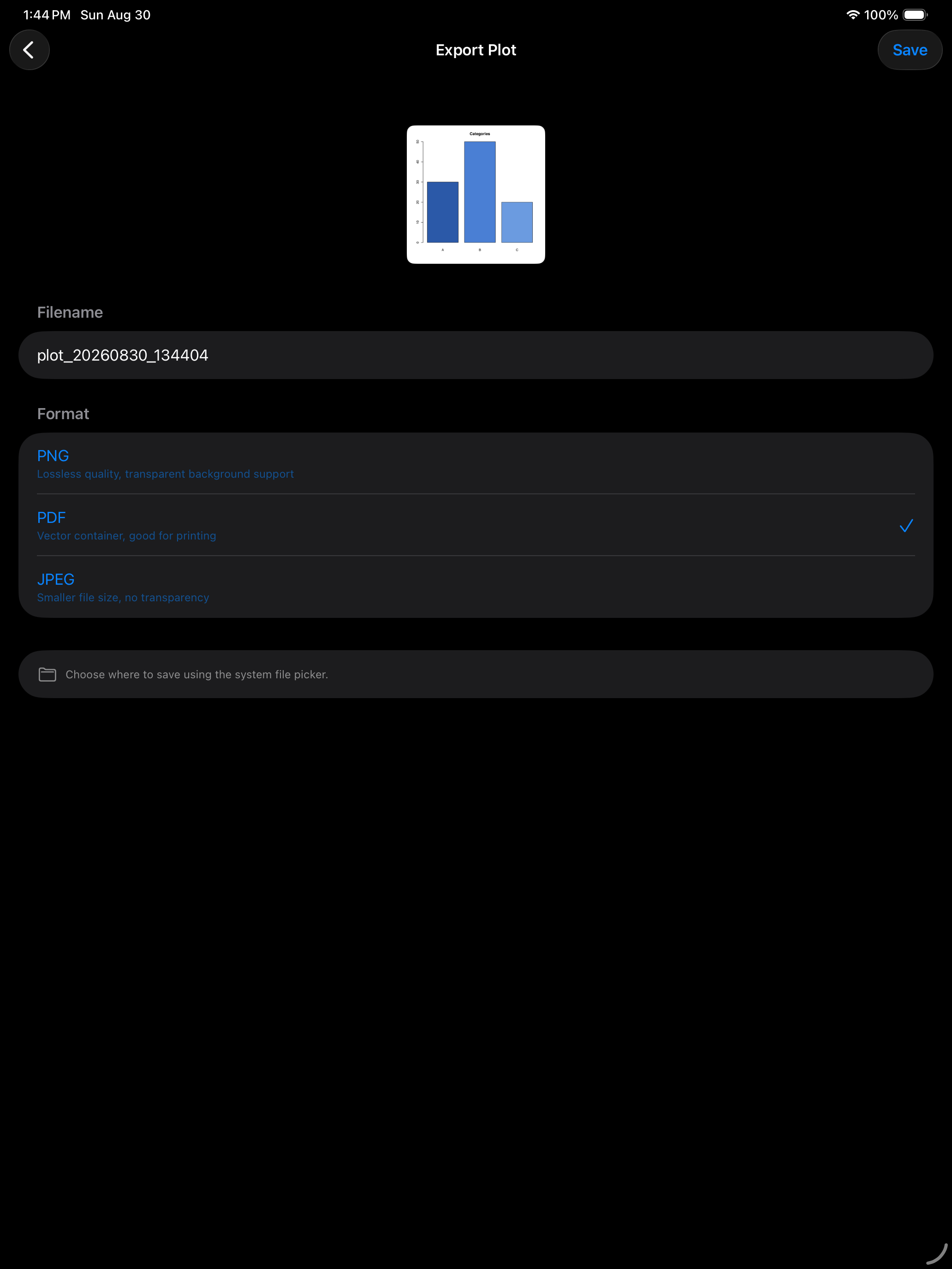 Export page with PDF selected as the format on iPad in dark mode
