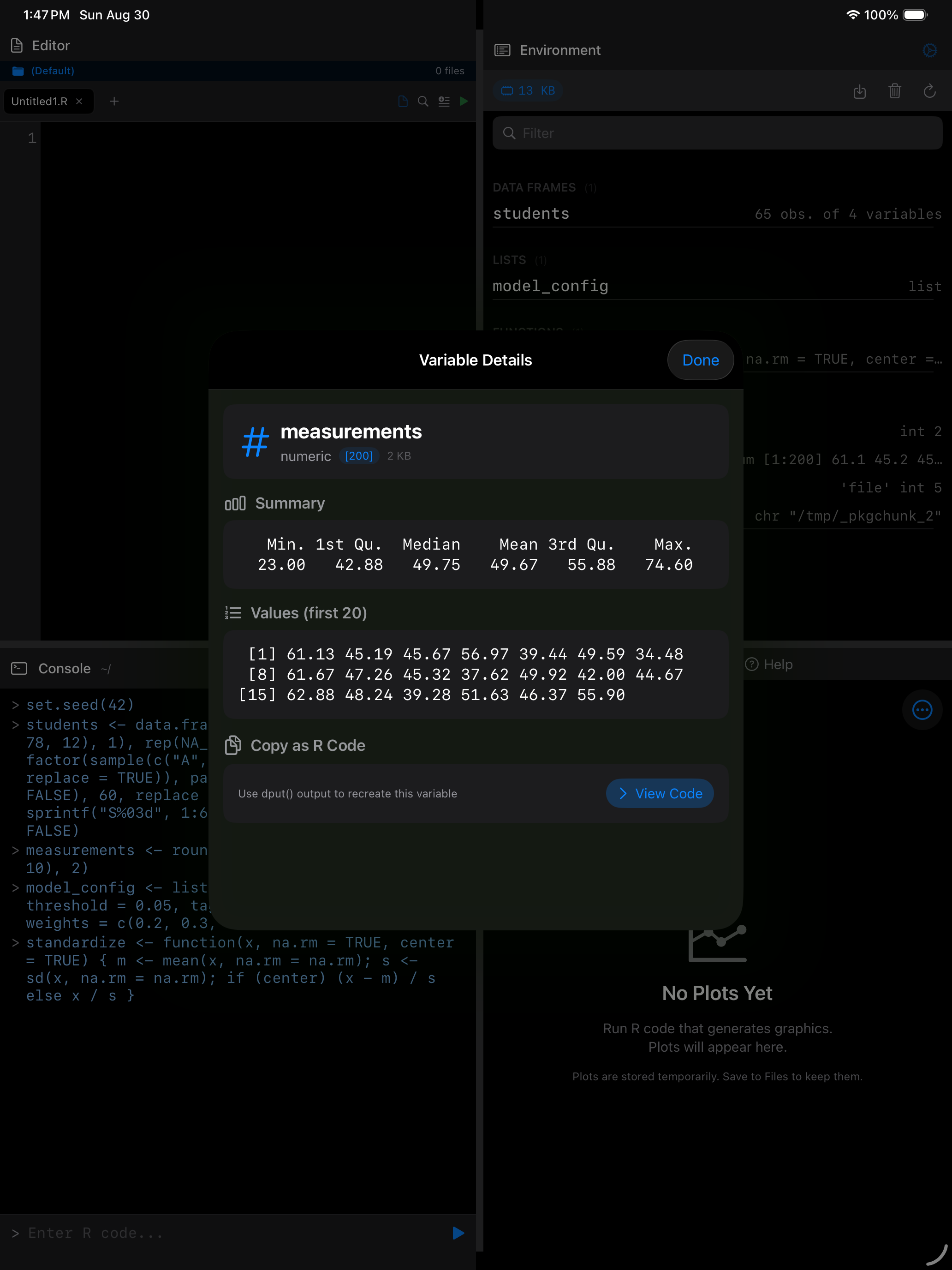 Variable details for a numeric vector showing summary and first elements on iPad in dark mode