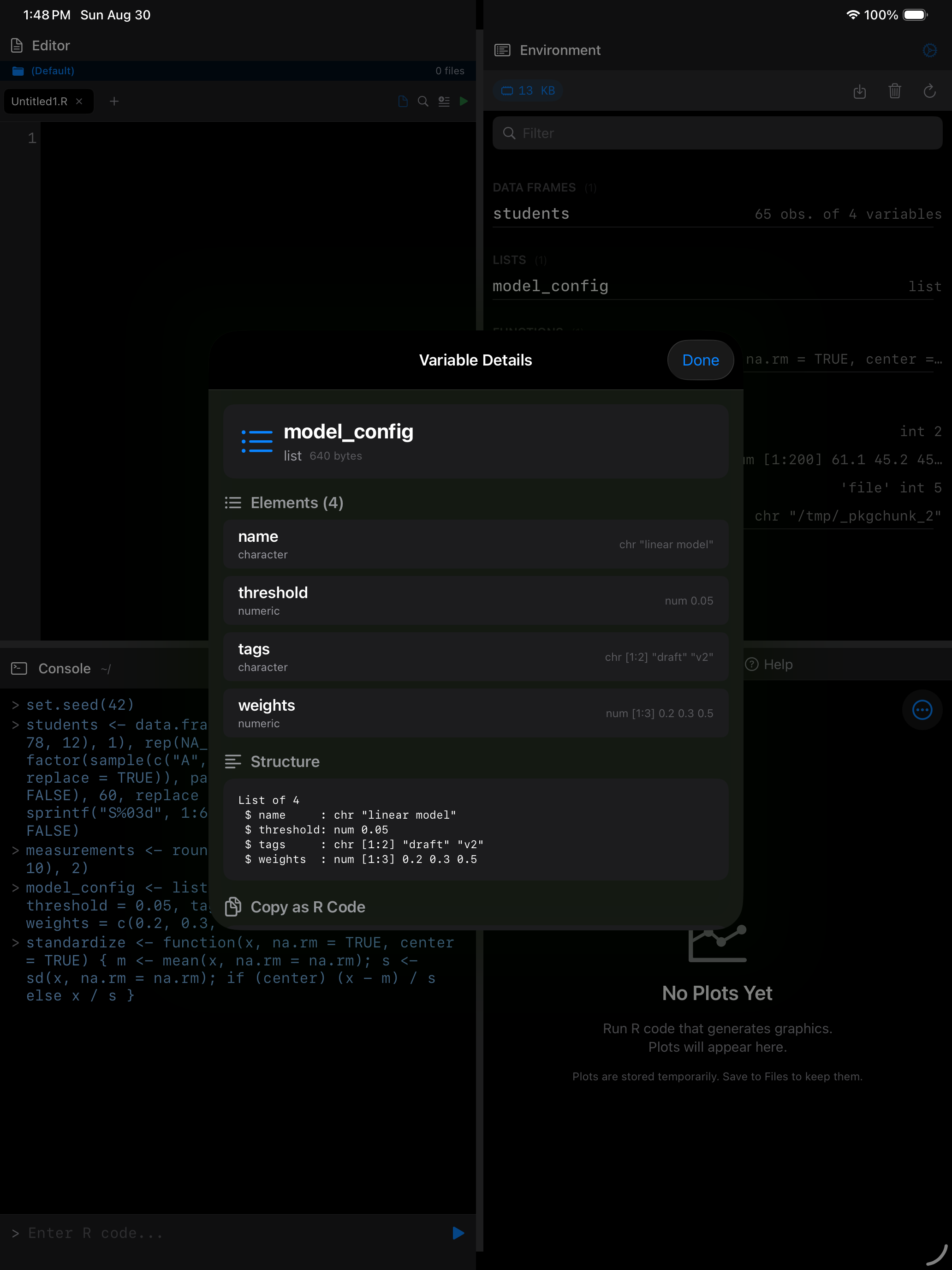 Variable details for a list showing its structure and elements on iPad in dark mode