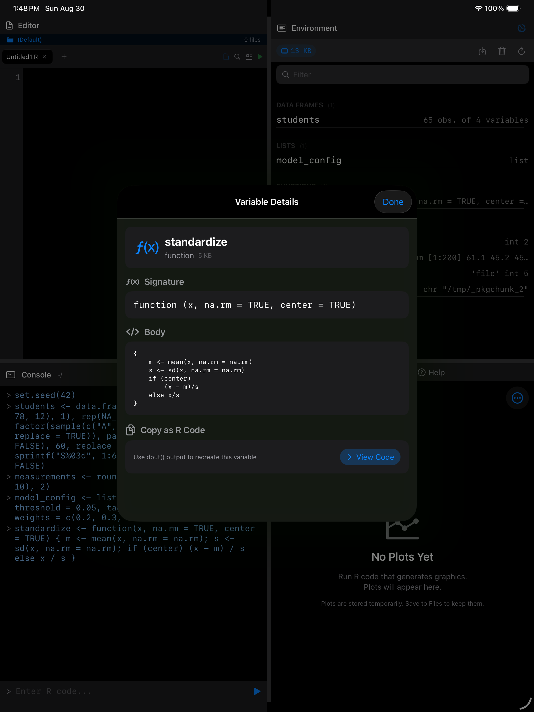 Variable details for a function showing its signature and body on iPad in dark mode