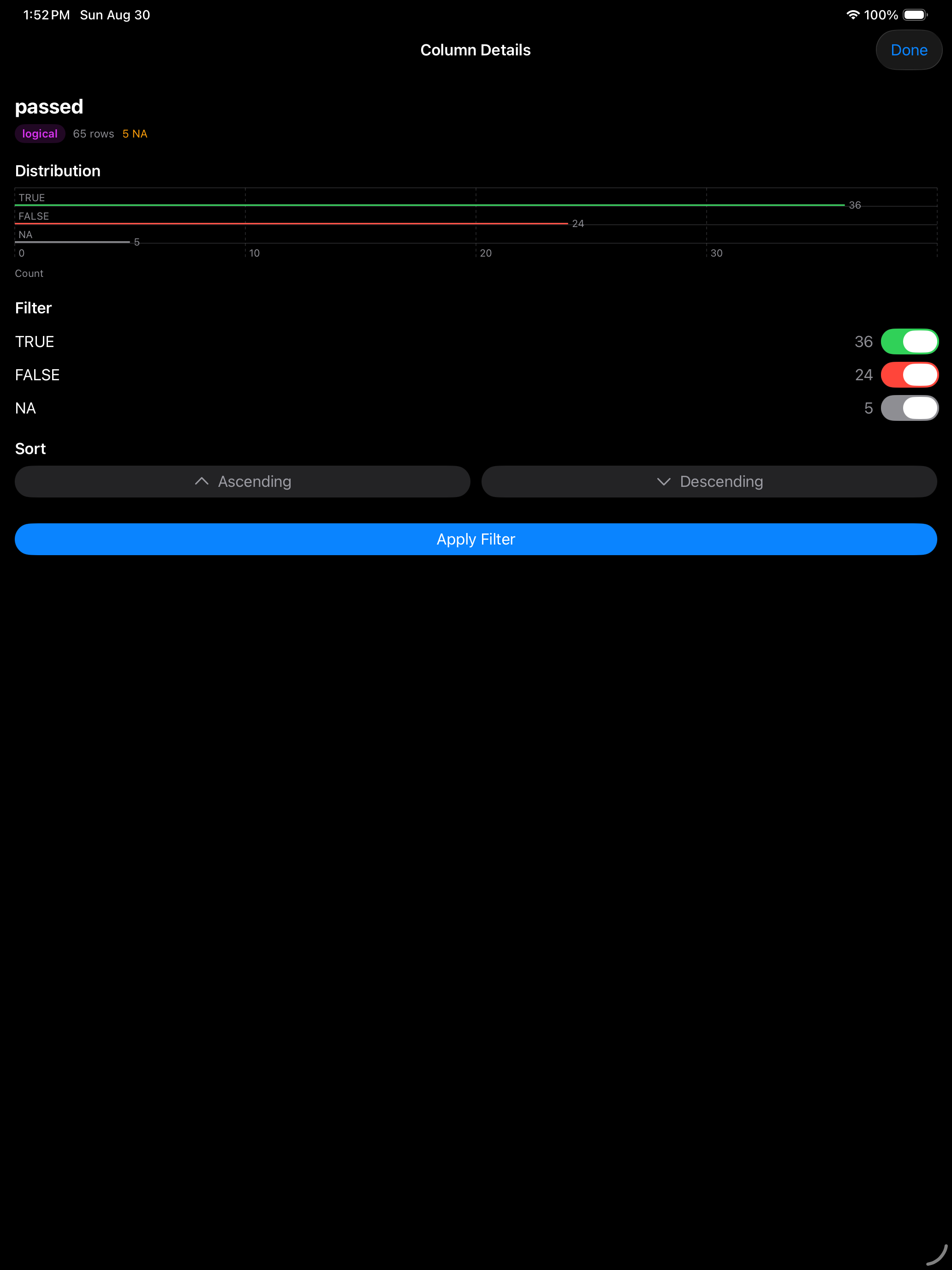 Column details for a logical column with TRUE FALSE and NA toggles on iPad in dark mode