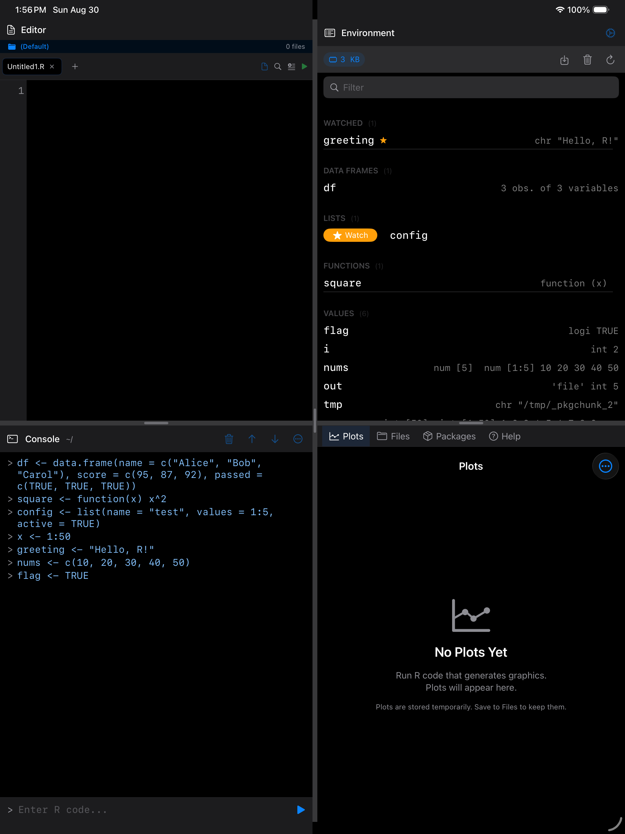 Variable row swiped right revealing the Watch button on iPad in dark mode