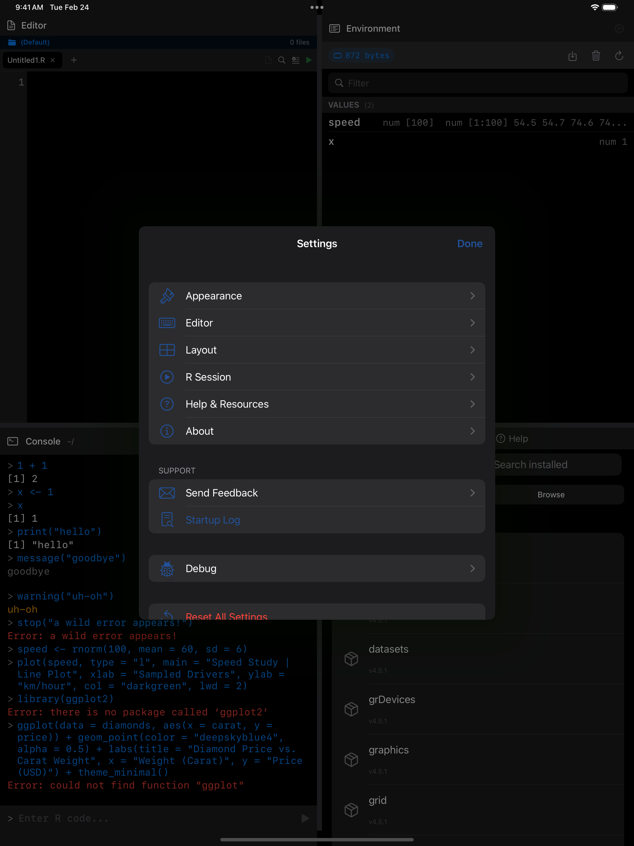 Settings tab on iPad in dark mode showing configuration sections