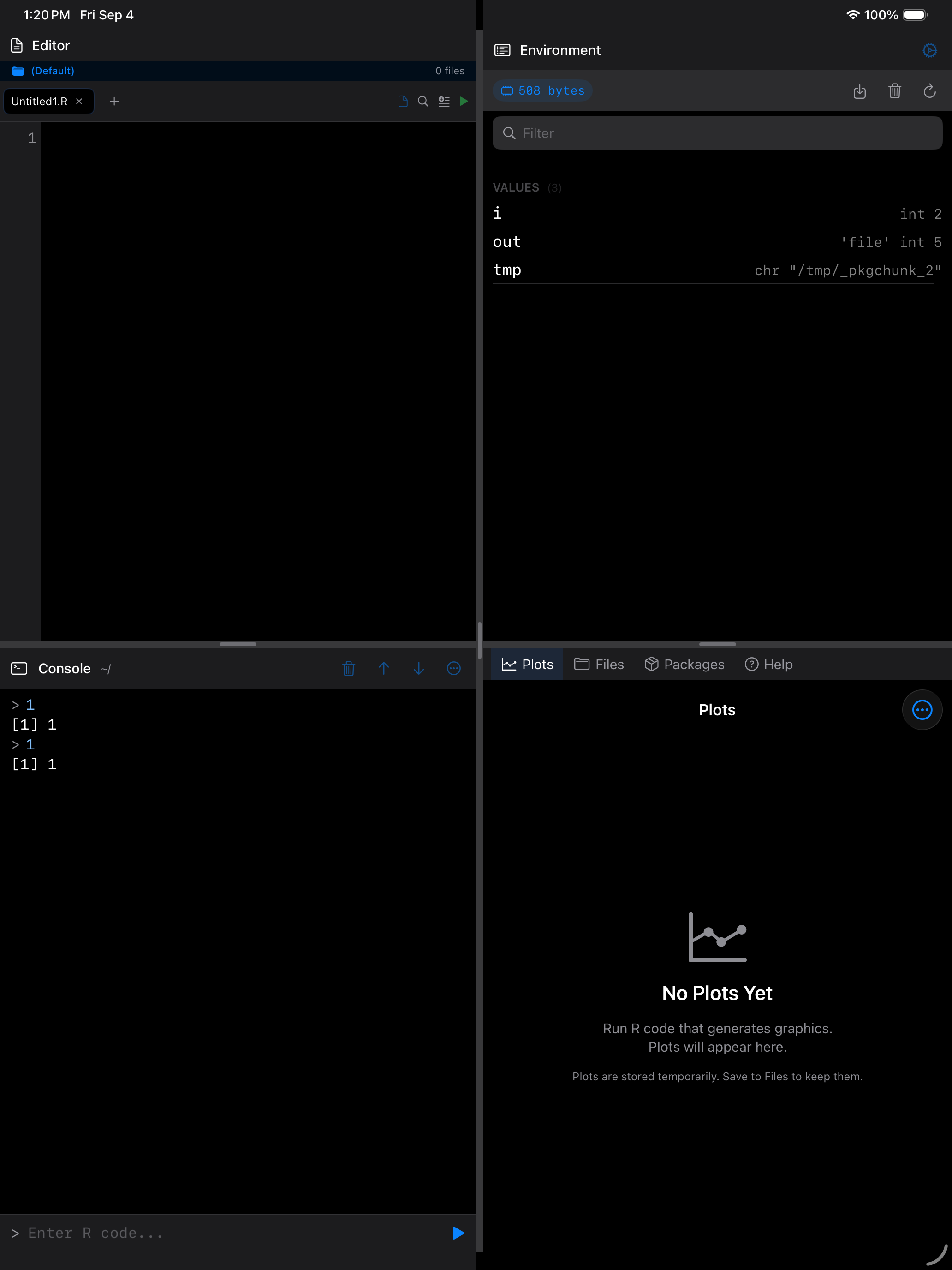 The R keyboard toolbar above the console input on iPad in dark mode