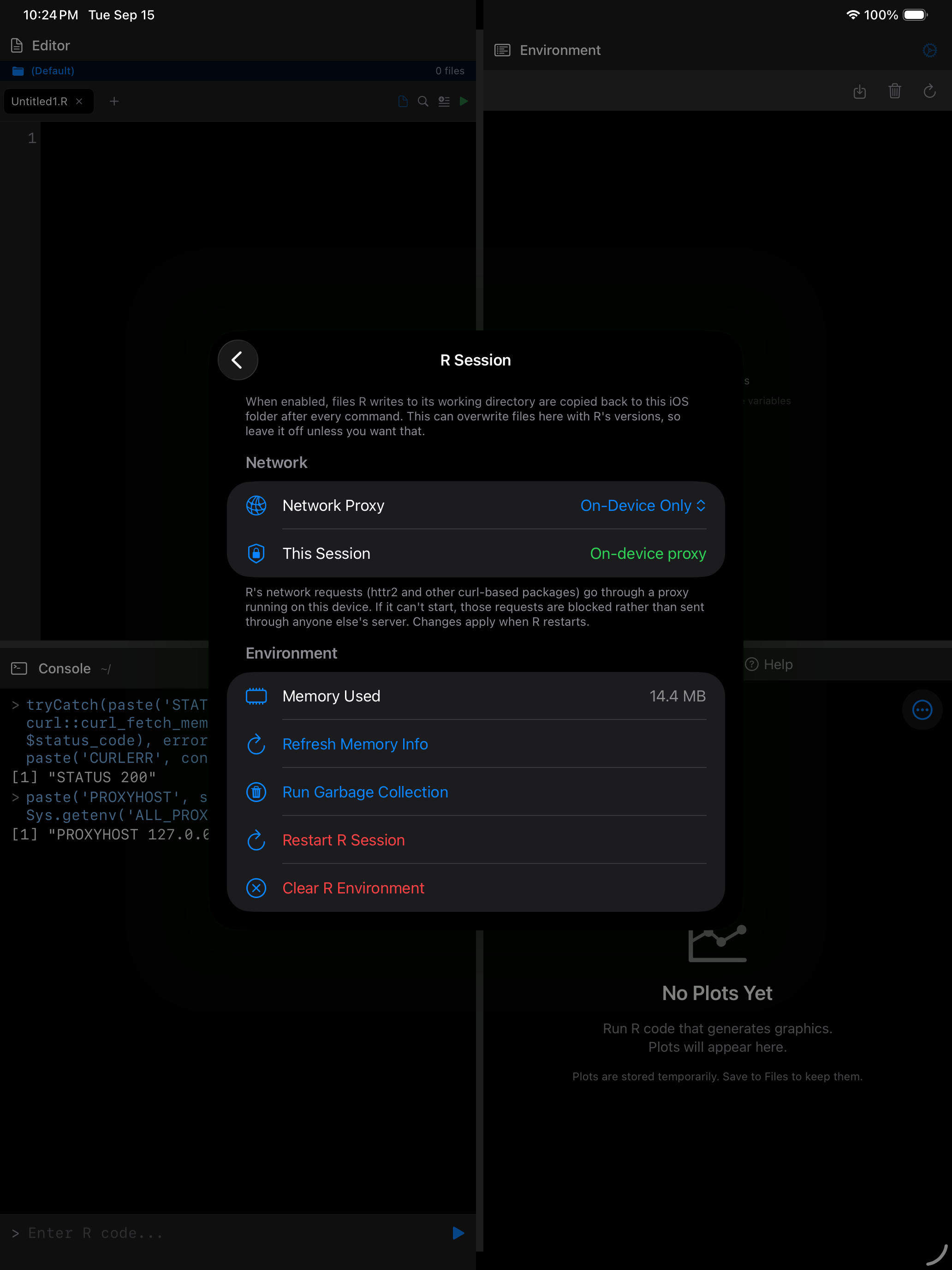 R Session settings on iPad with the Network section showing Network Proxy set to On-Device Only, in dark mode
