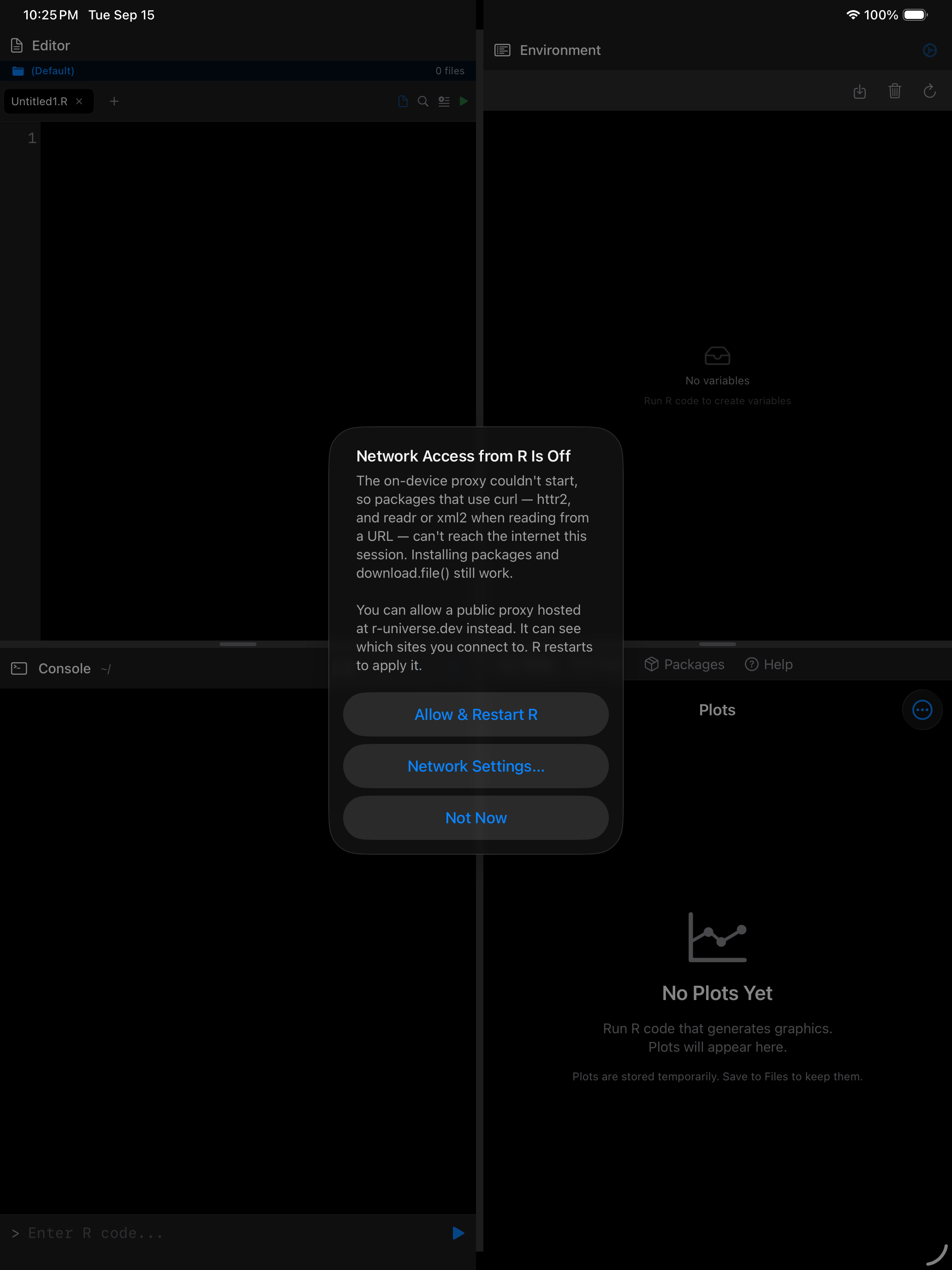 Alert on iPad titled Network Access from R Is Off over the four-pane workspace, in dark mode