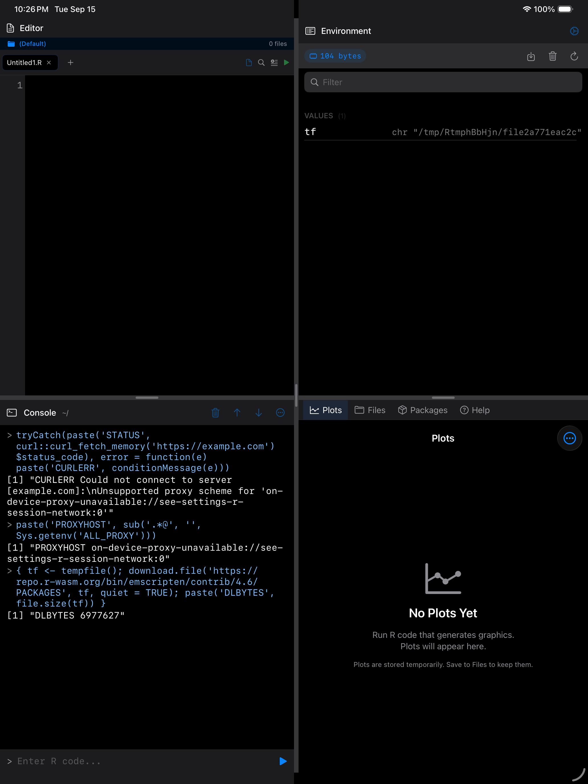 Console on iPad showing the blocked-proxy error from curl alongside a successful download, in dark mode