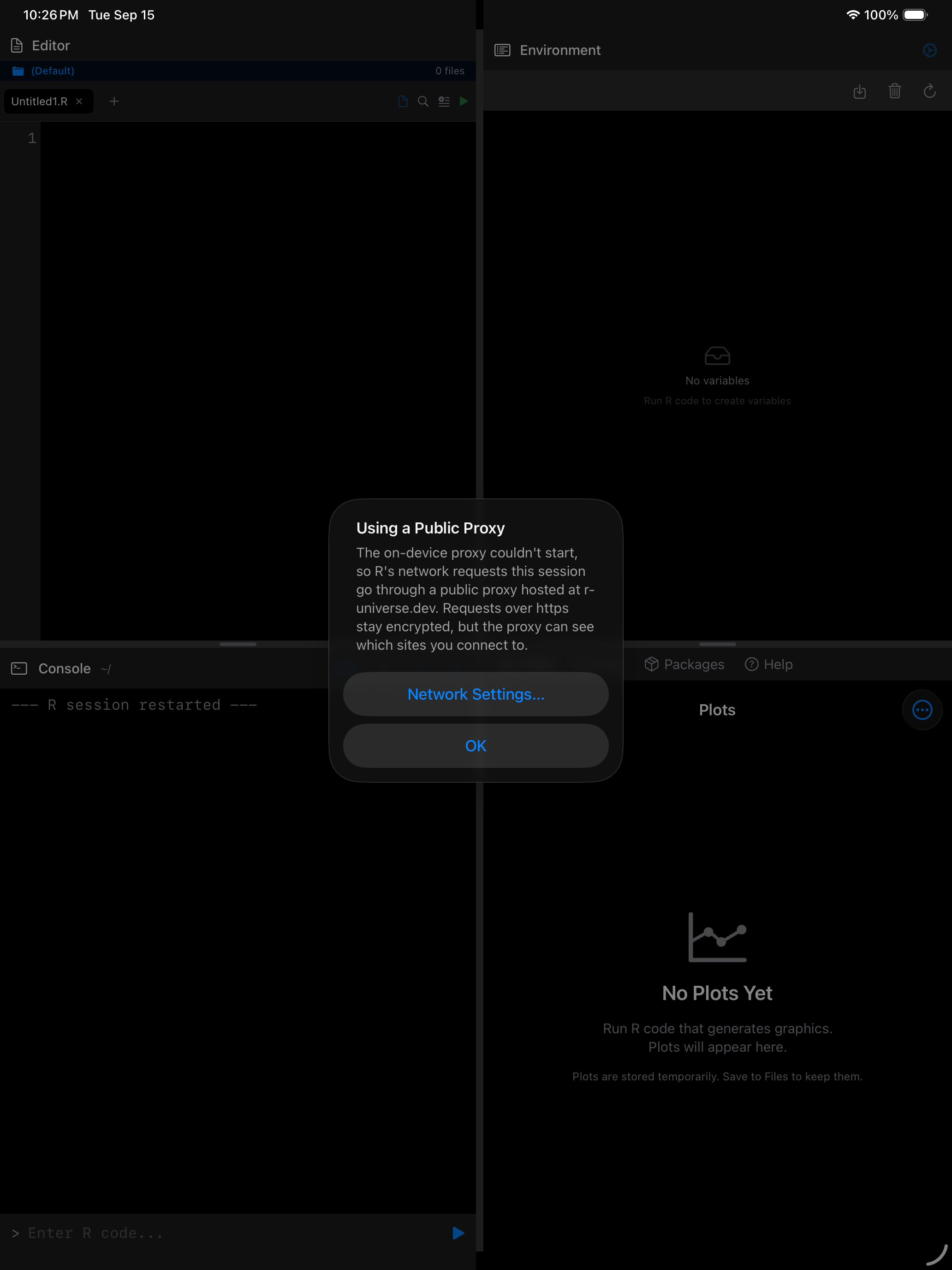 Alert on iPad titled Using a Public Proxy, in dark mode