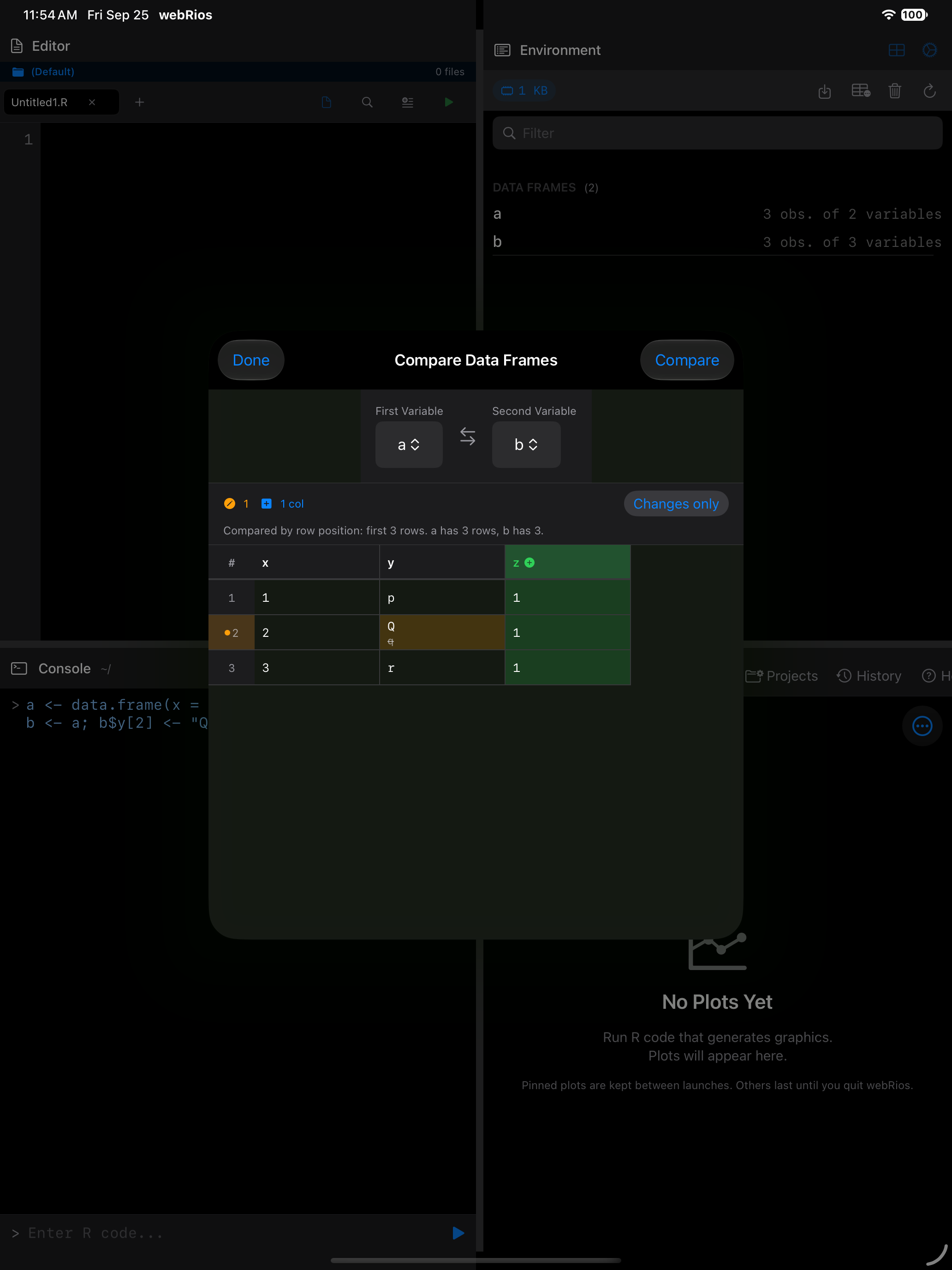 Compare Data Frames comparing a with b on iPad in dark mode: row 2's y changed from q to Q, and column z is marked added