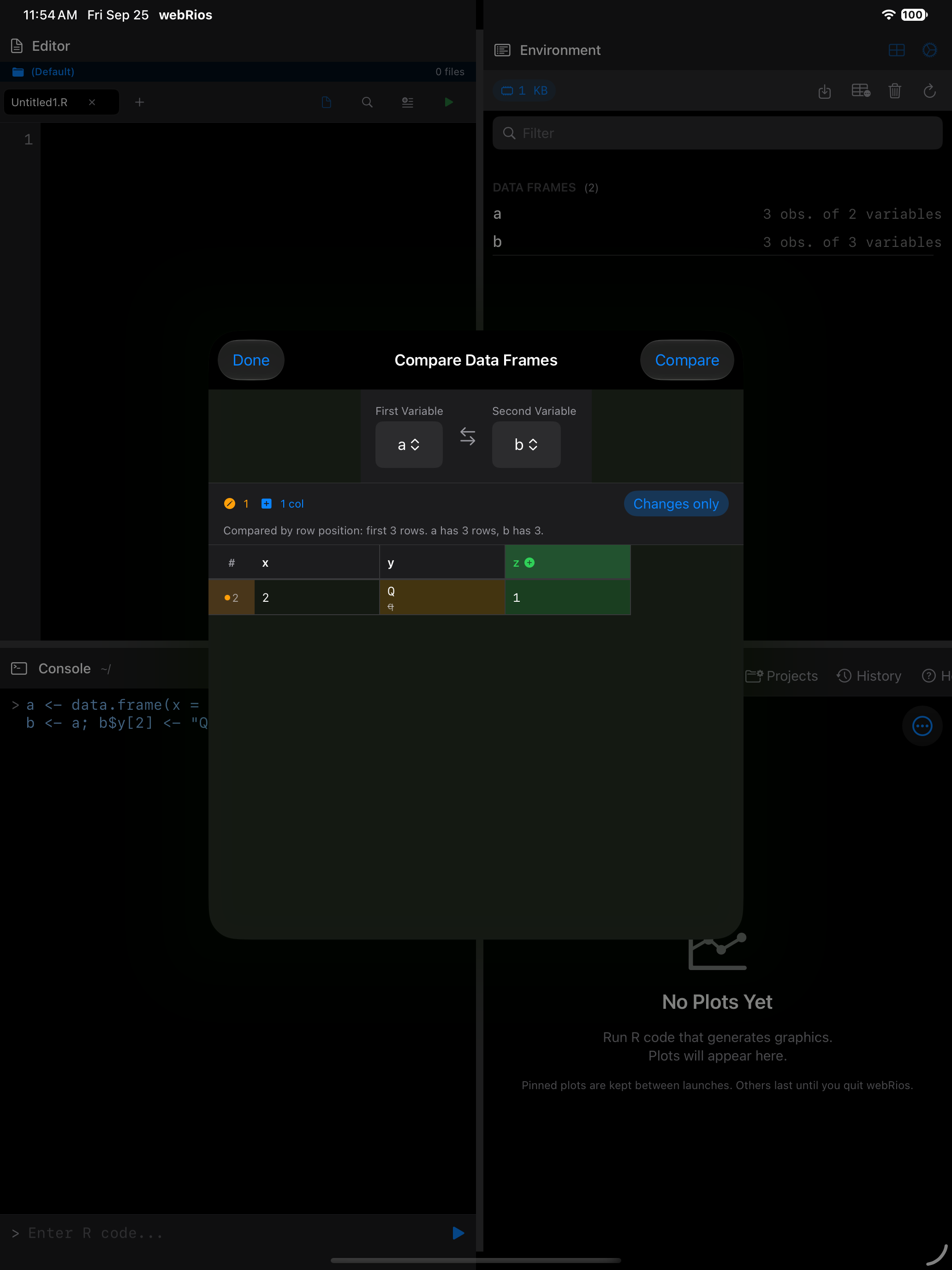 Compare Data Frames with Changes only turned on, leaving just the changed row 2 on iPad in dark mode