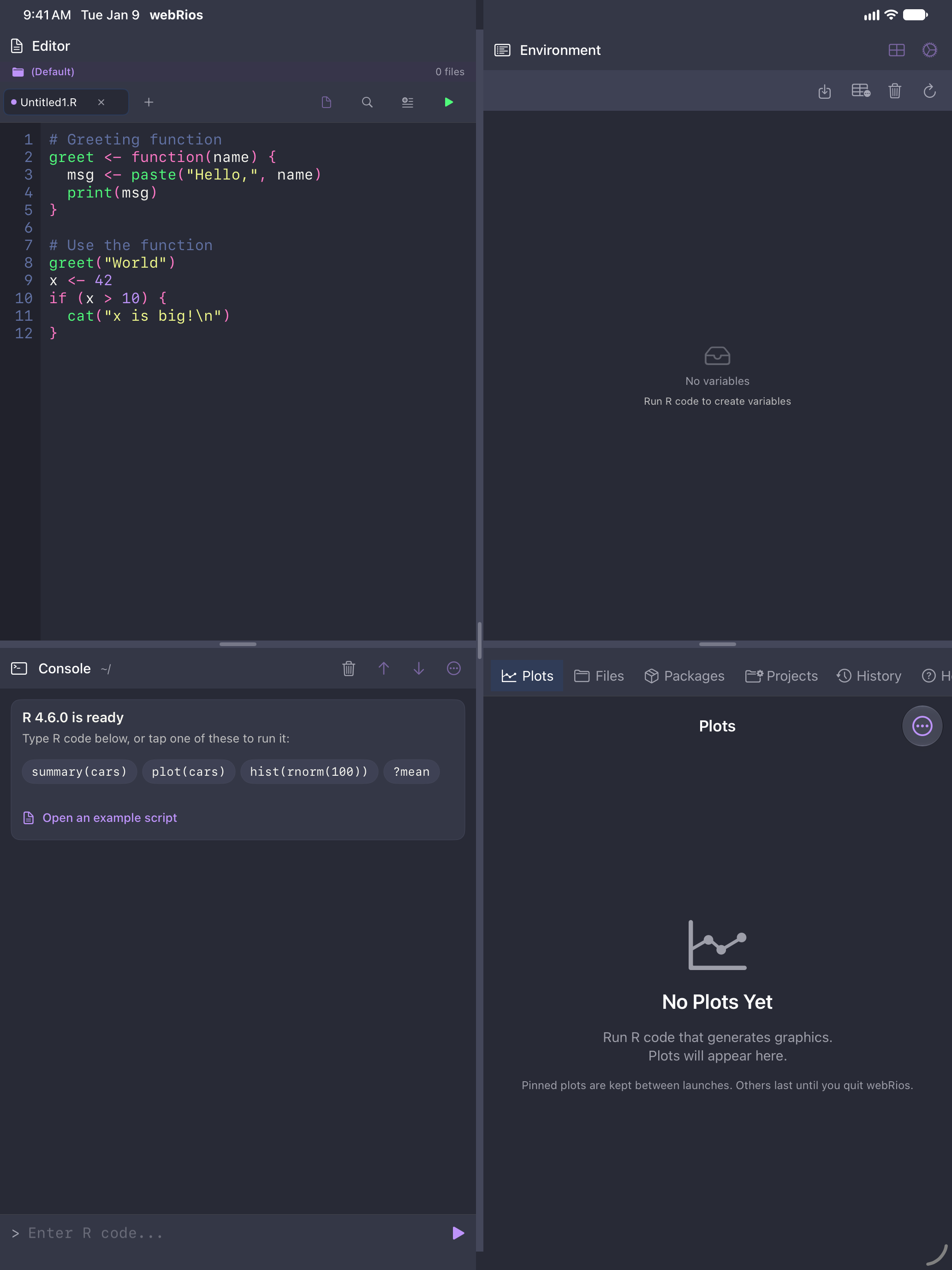 A script in the Editor pane on iPad in the Dracula theme with Increase Contrast off, its comments in dim blue-gray