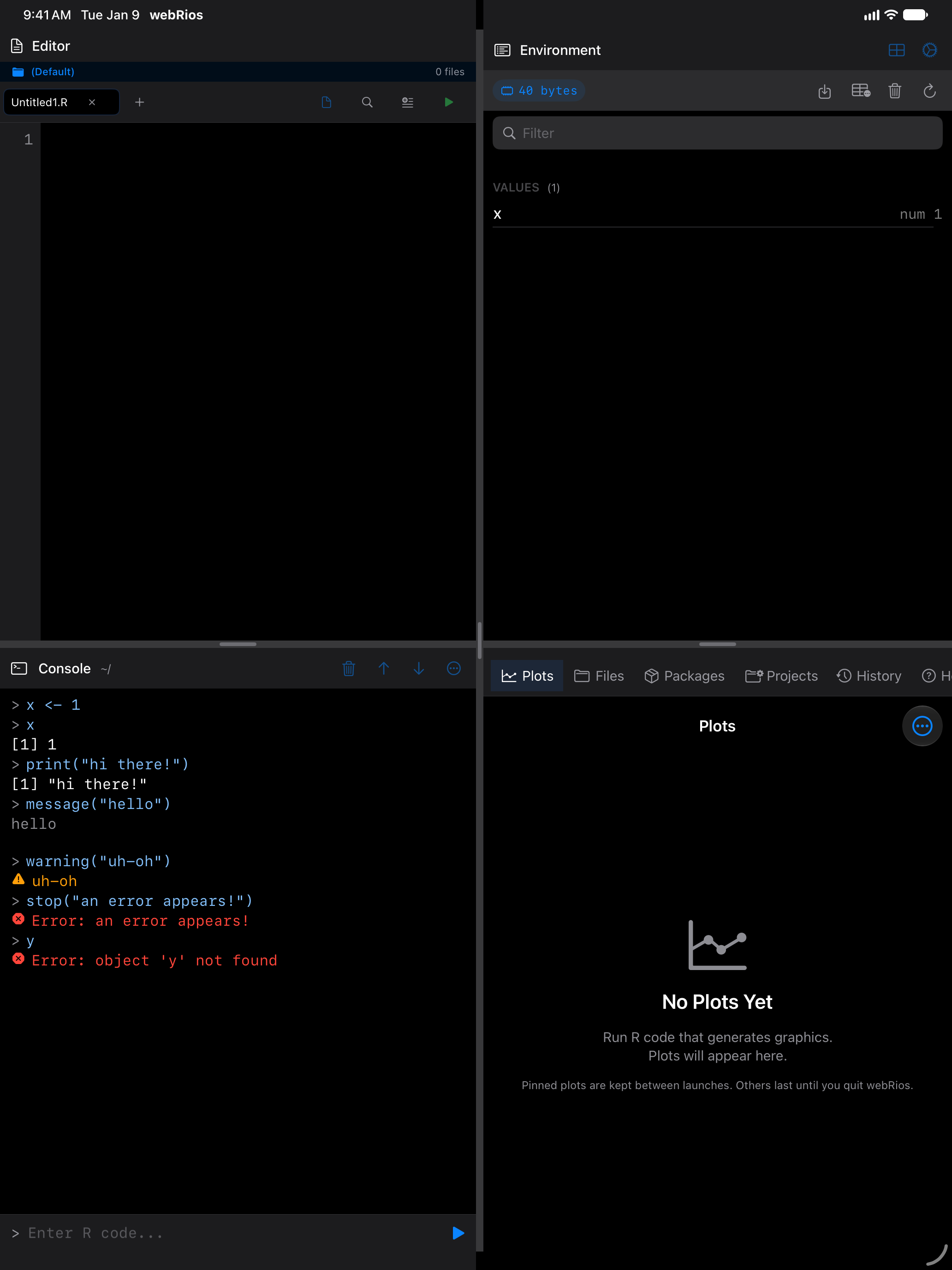 The Console pane on iPad with Differentiate Without Color on, with a triangle before the warning and an octagon before each error, in dark mode