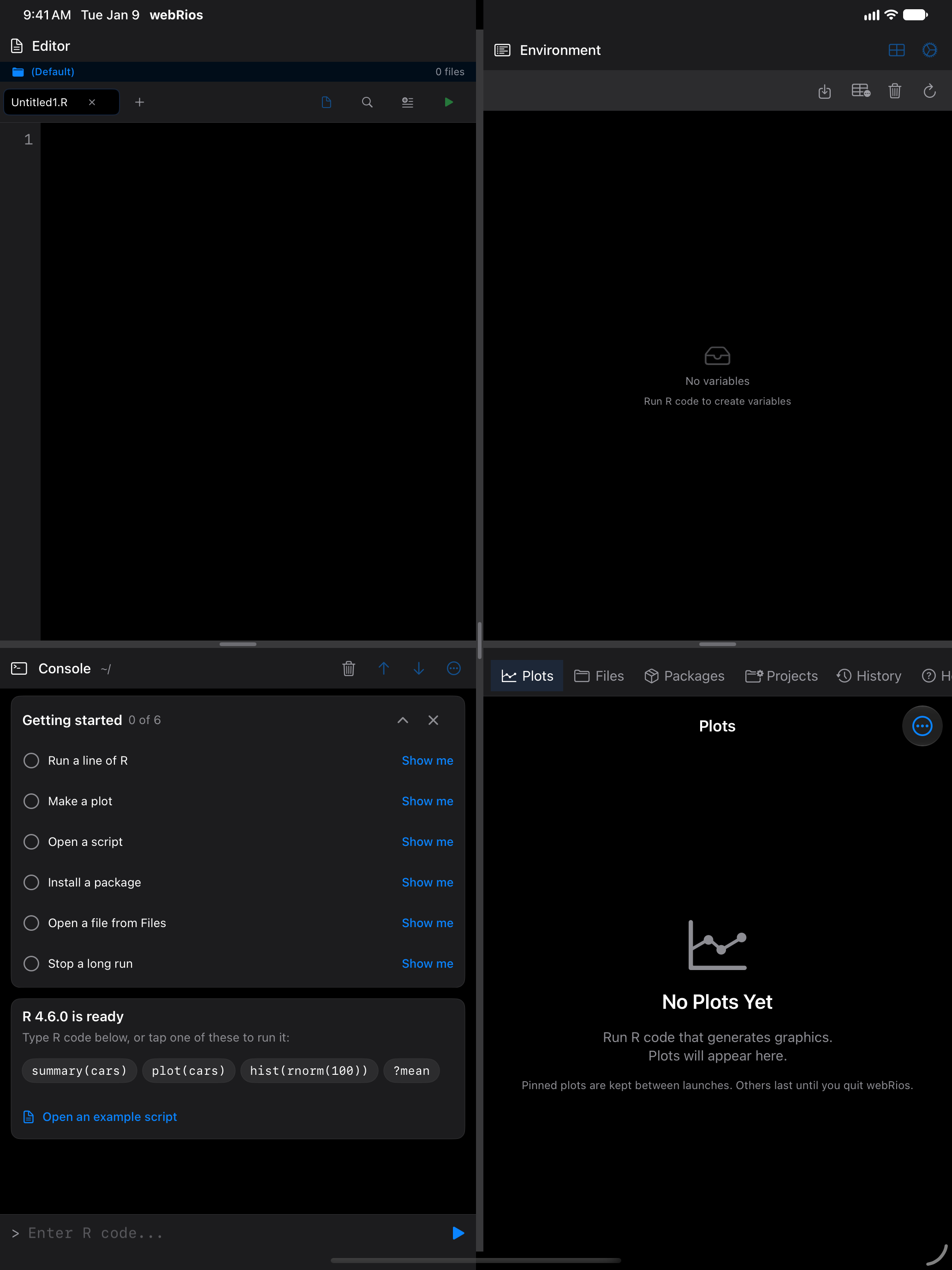 The Getting started checklist at the top of the Console pane on iPad, none of its six steps done yet, in dark mode