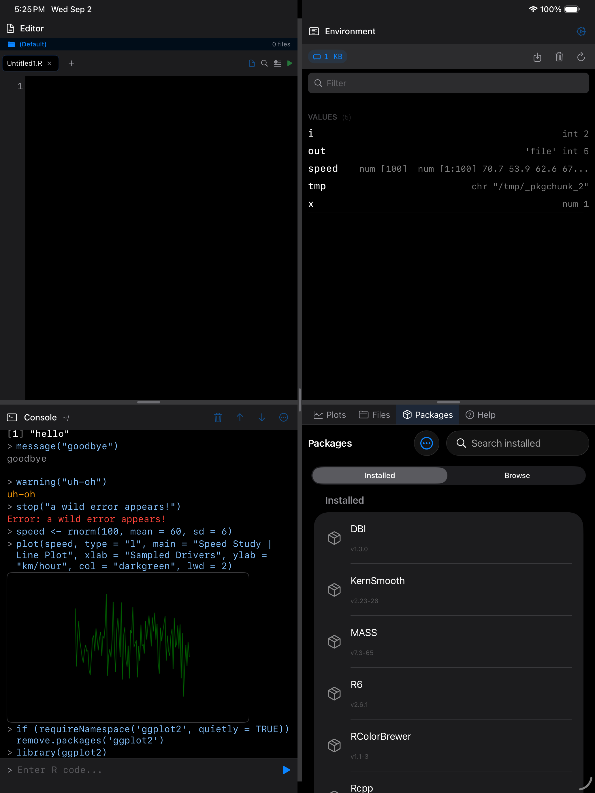 Console showing 'there is no package called ggplot2' on iPad in dark mode