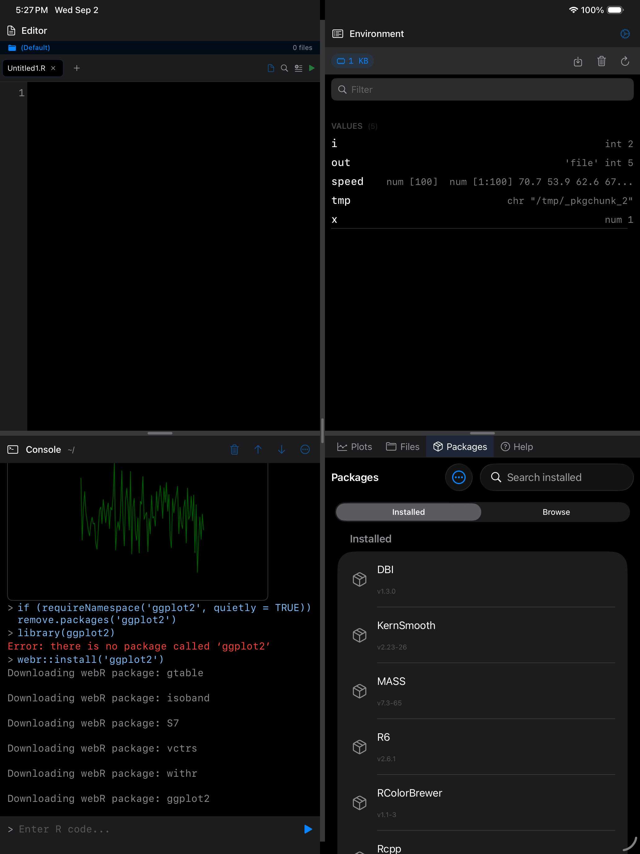 Console showing ggplot2 and its dependencies downloading on iPad in dark mode