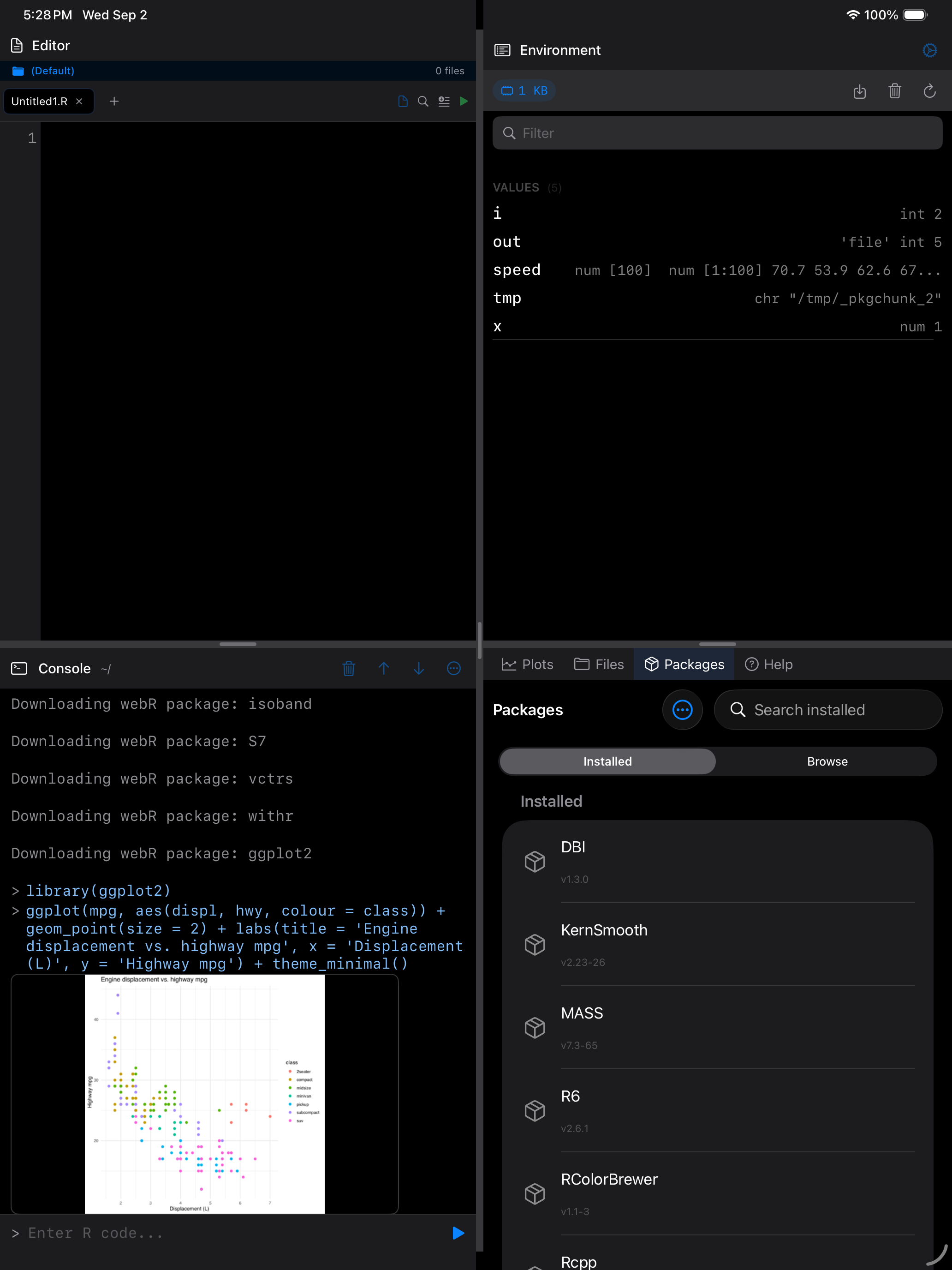 A ggplot2 scatter plot rendered inline in the console on iPad in dark mode