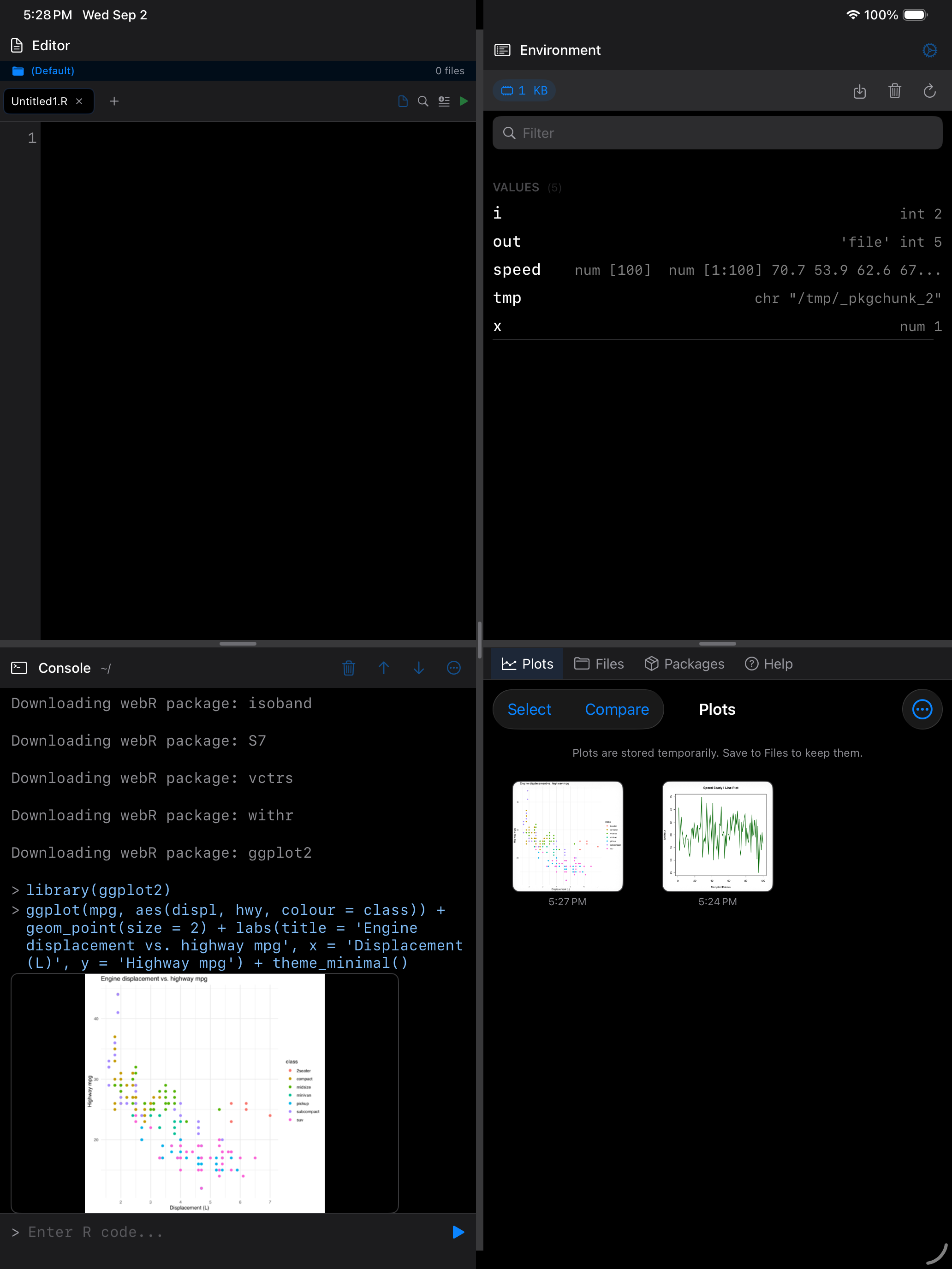 The ggplot2 chart in the Plots gallery on iPad in dark mode