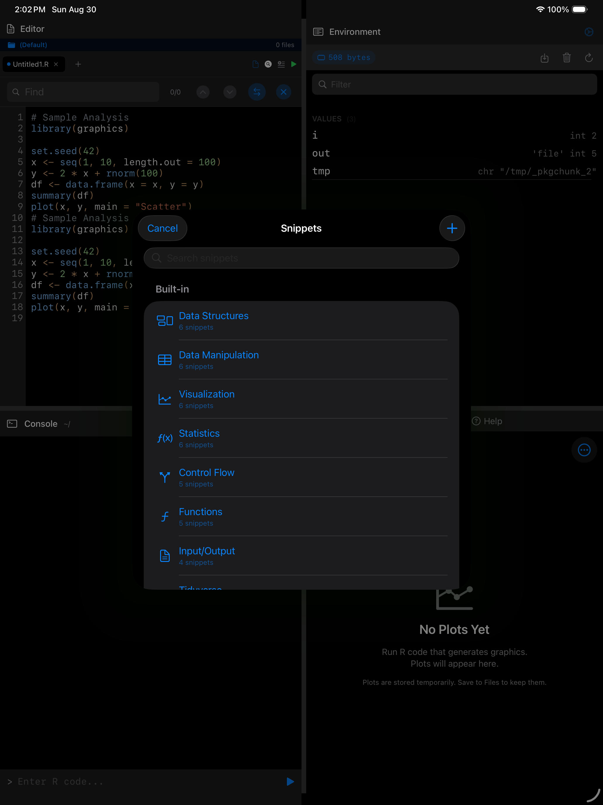 Editor snippets on iPad