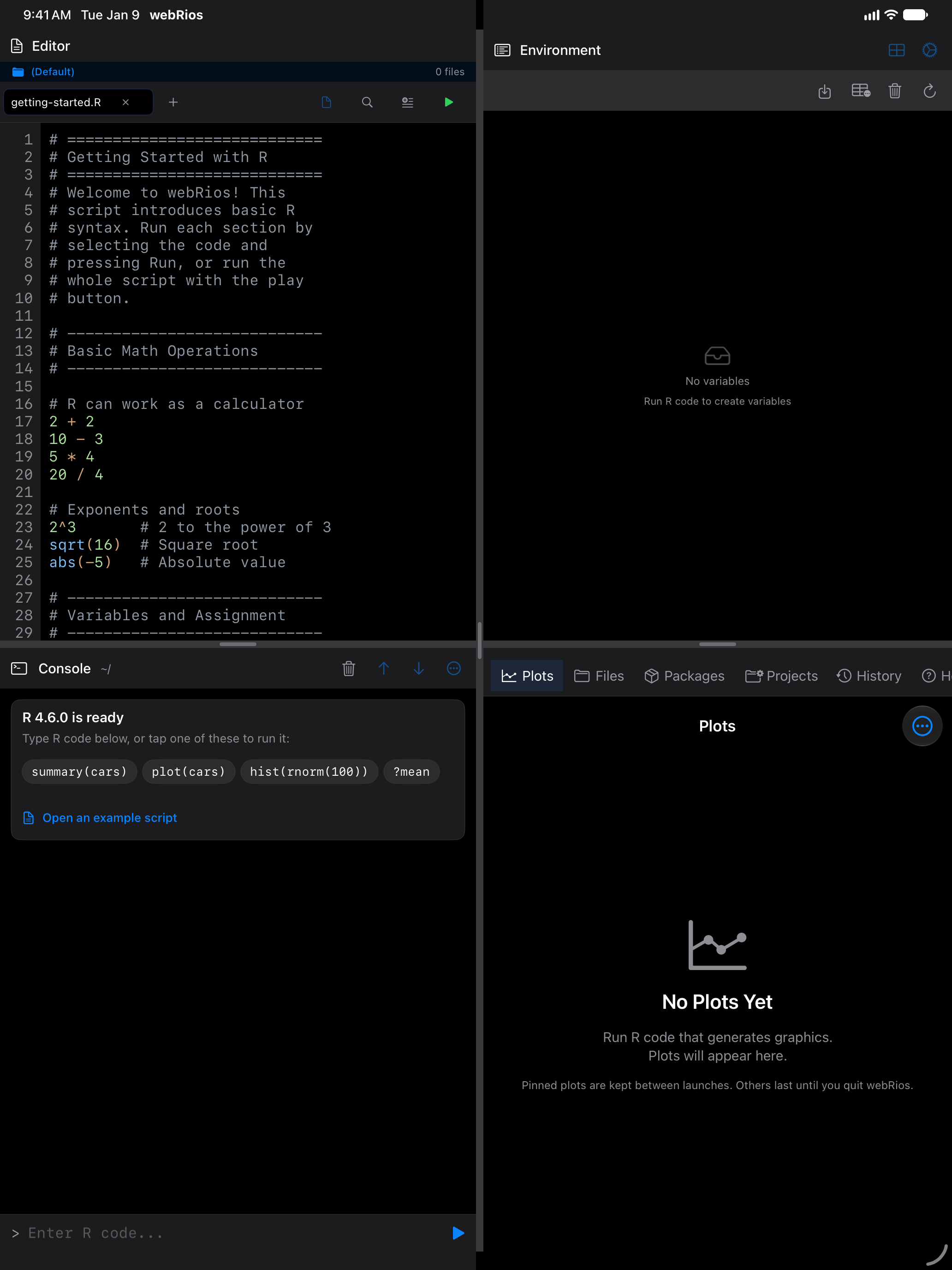 The Getting Started example open in the Editor pane on iPad, in a tab named getting-started.R in dark mode