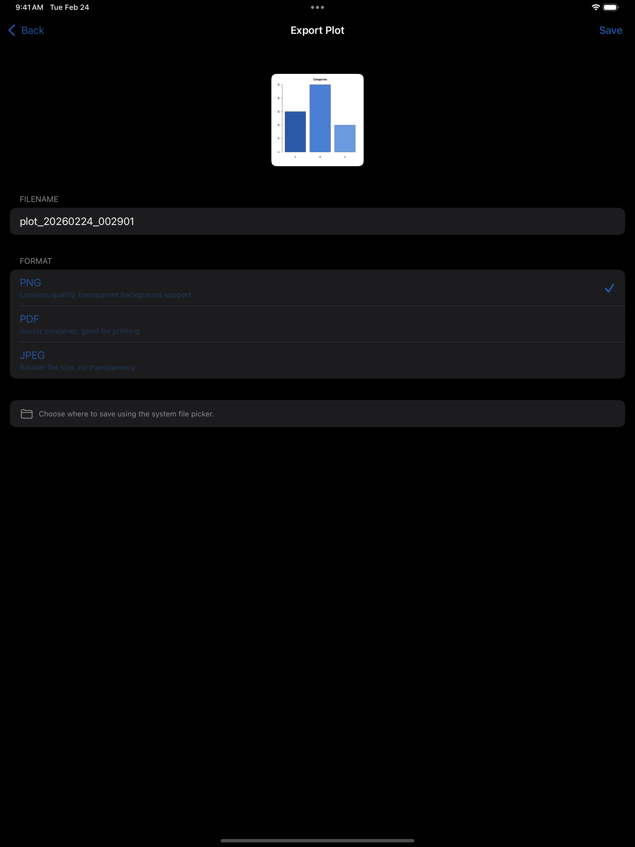 Plot export menu on iPad