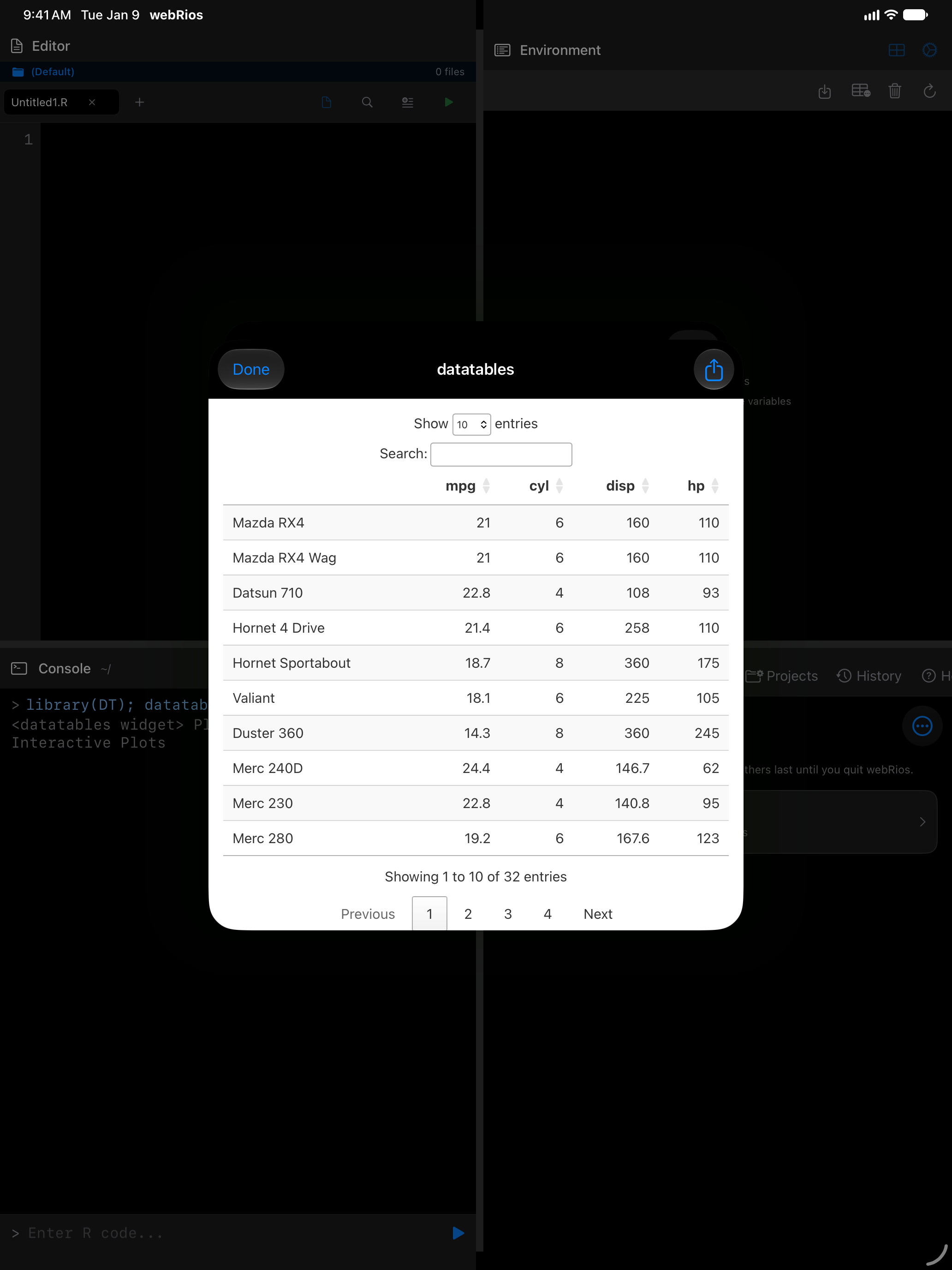 A DT table of mtcars on iPad, on a white page with a margin, with its search field, sortable column headings and page buttons in dark mode, where the page stays white