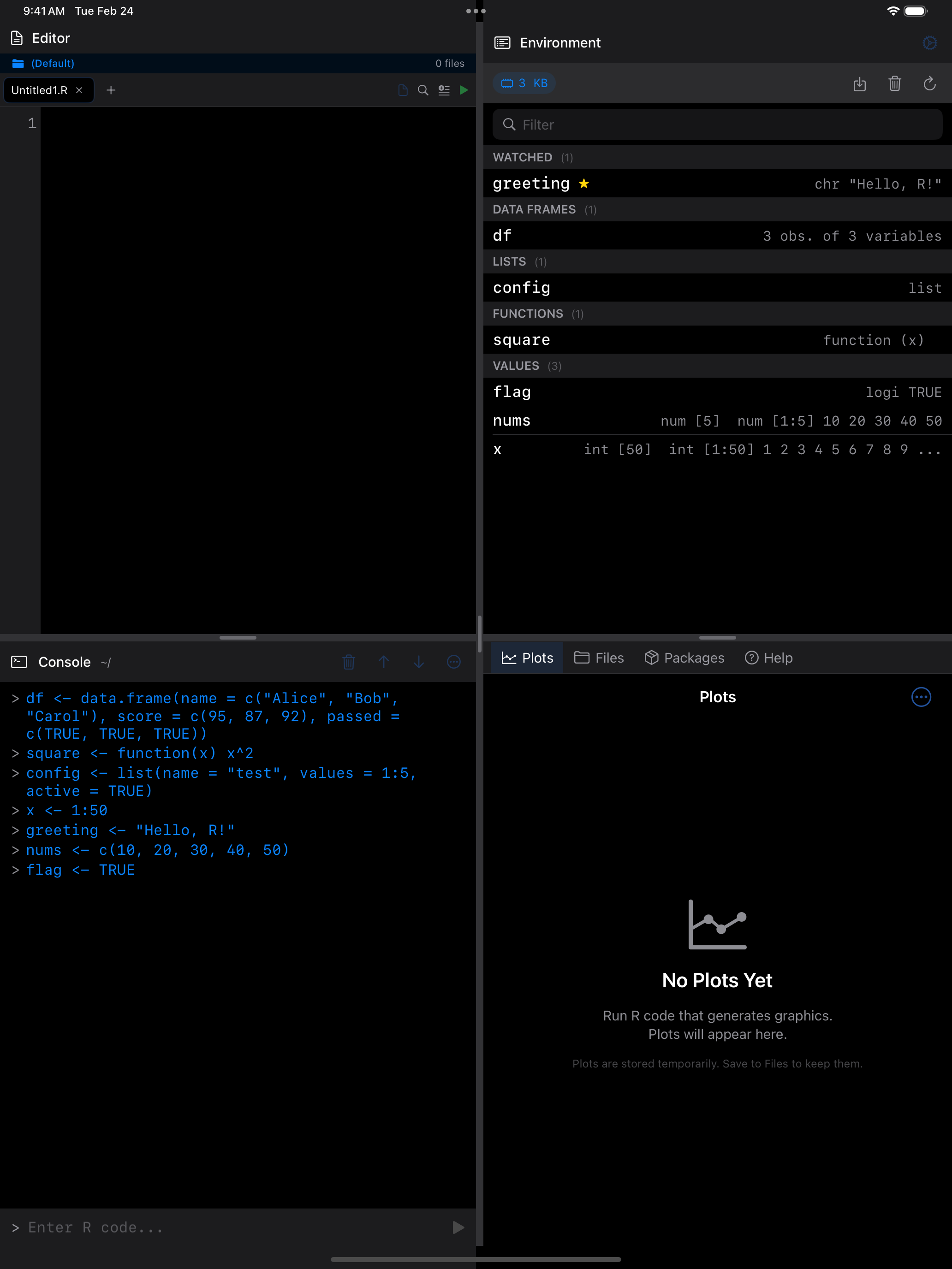Environment tab on iPad in dark mode showing variables grouped by type