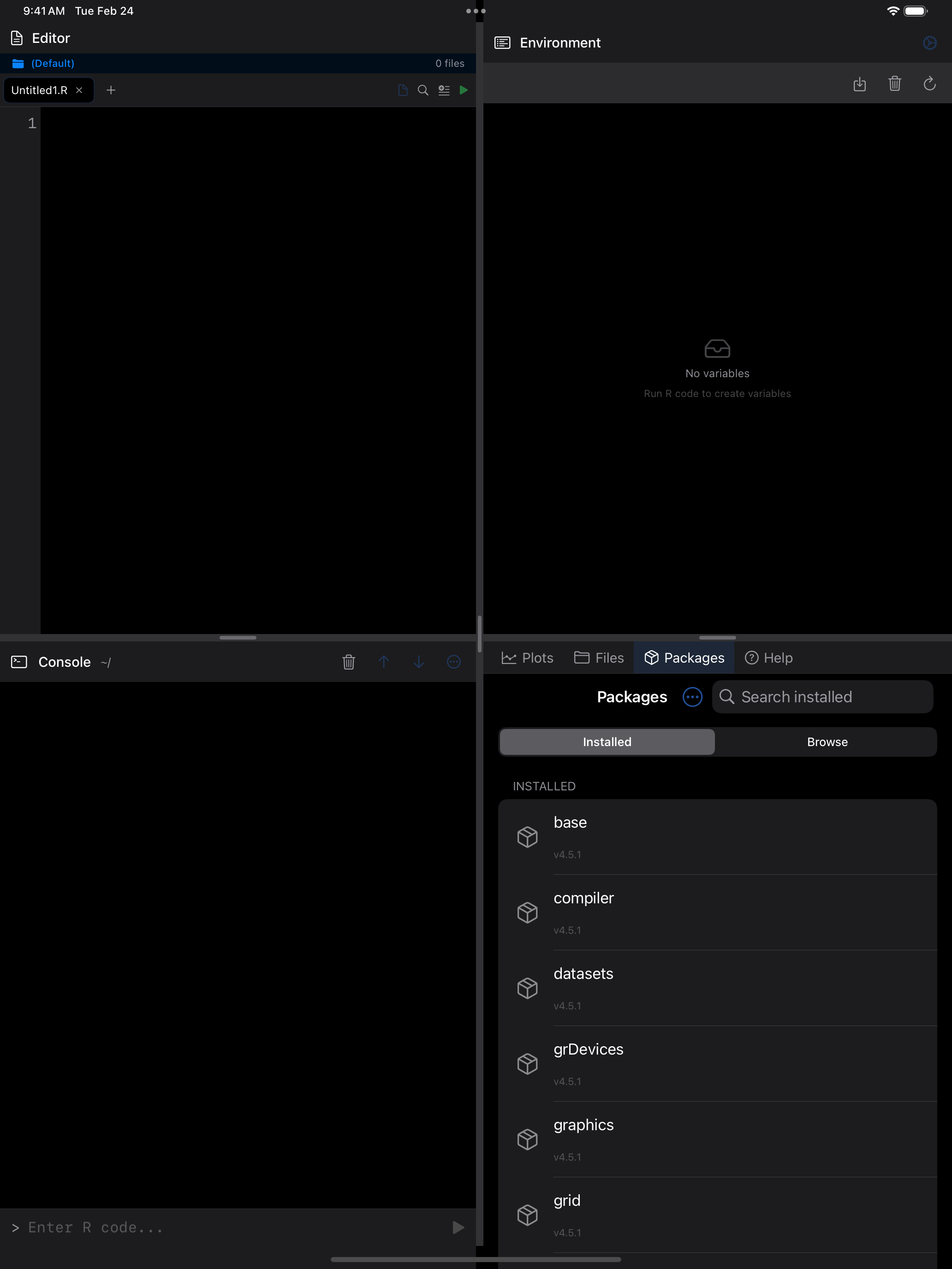 Packages tab on iPad in dark mode showing installed R packages