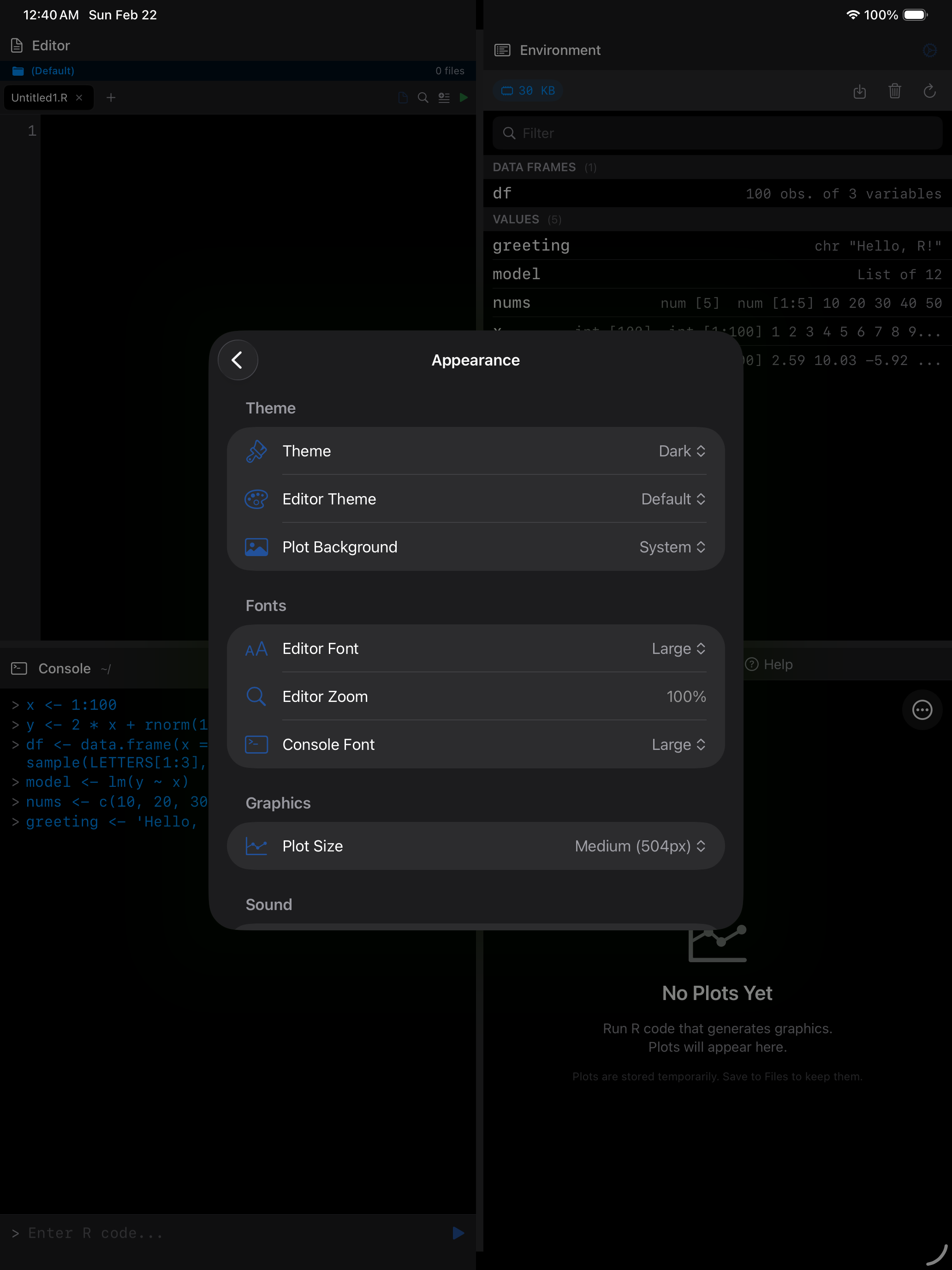 Appearance settings on iPad