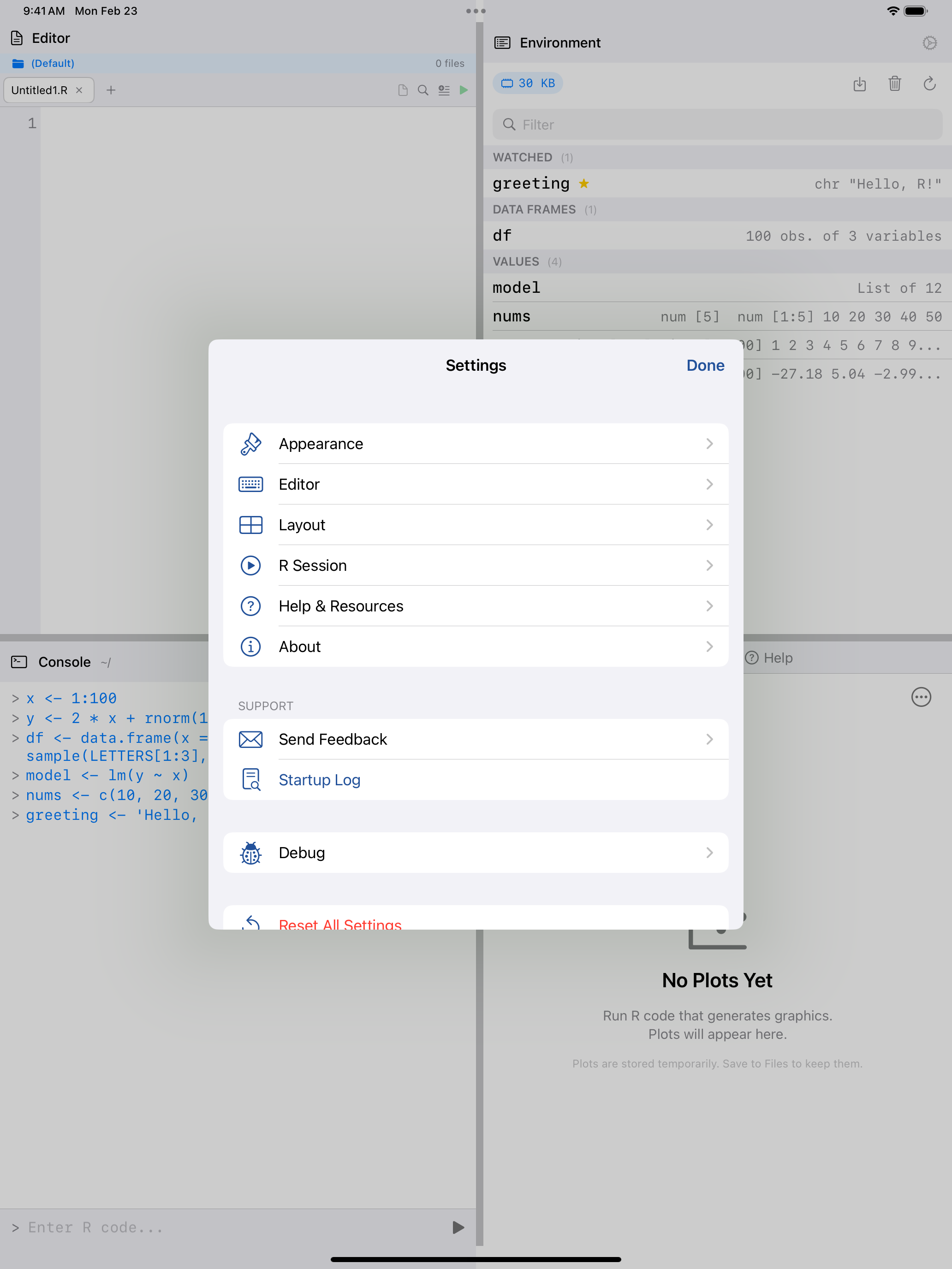iPad 4-Pane Workspace with Settings sheet opened from gear button