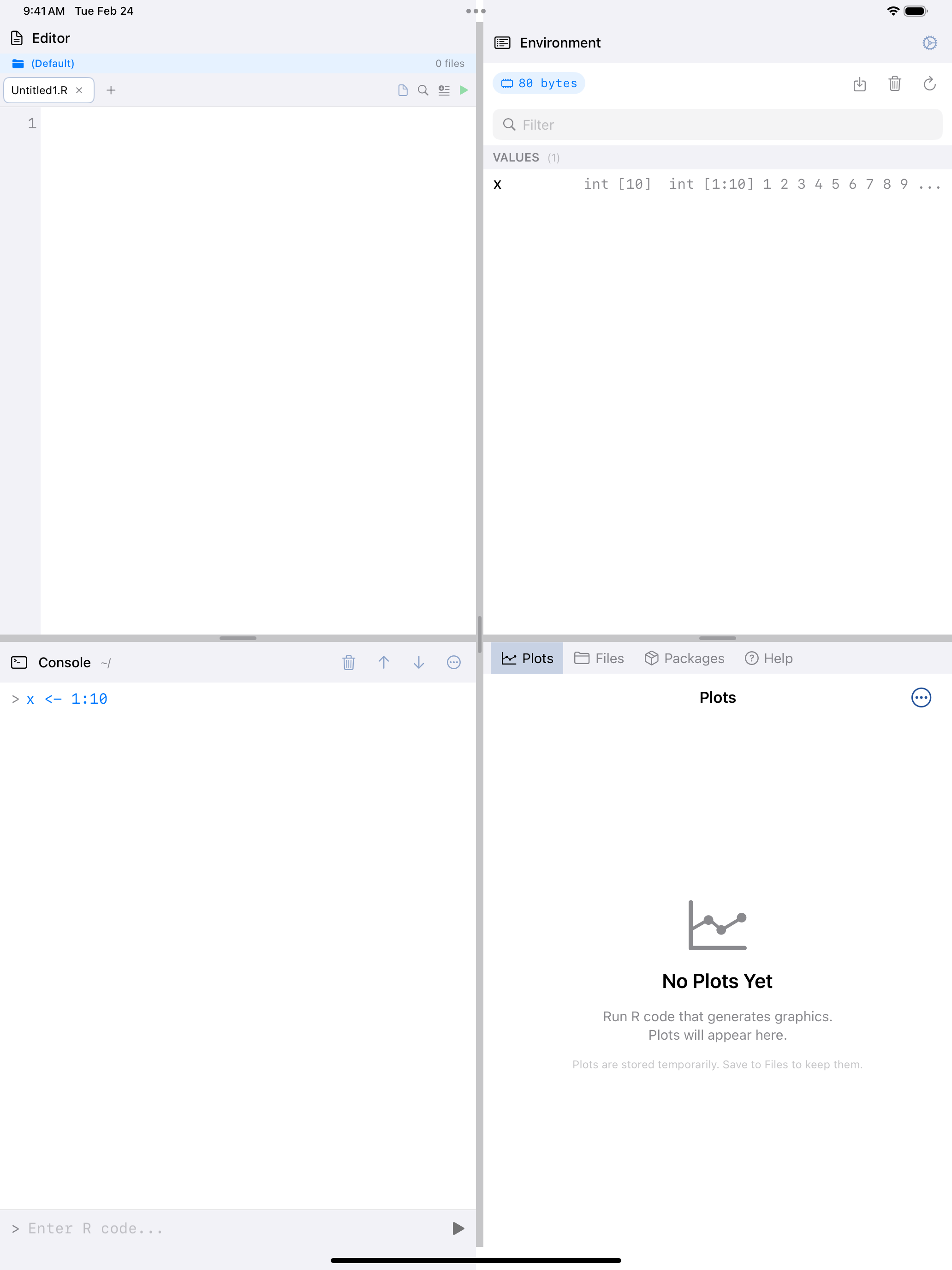 Console after running x <- 1:10 on iPad