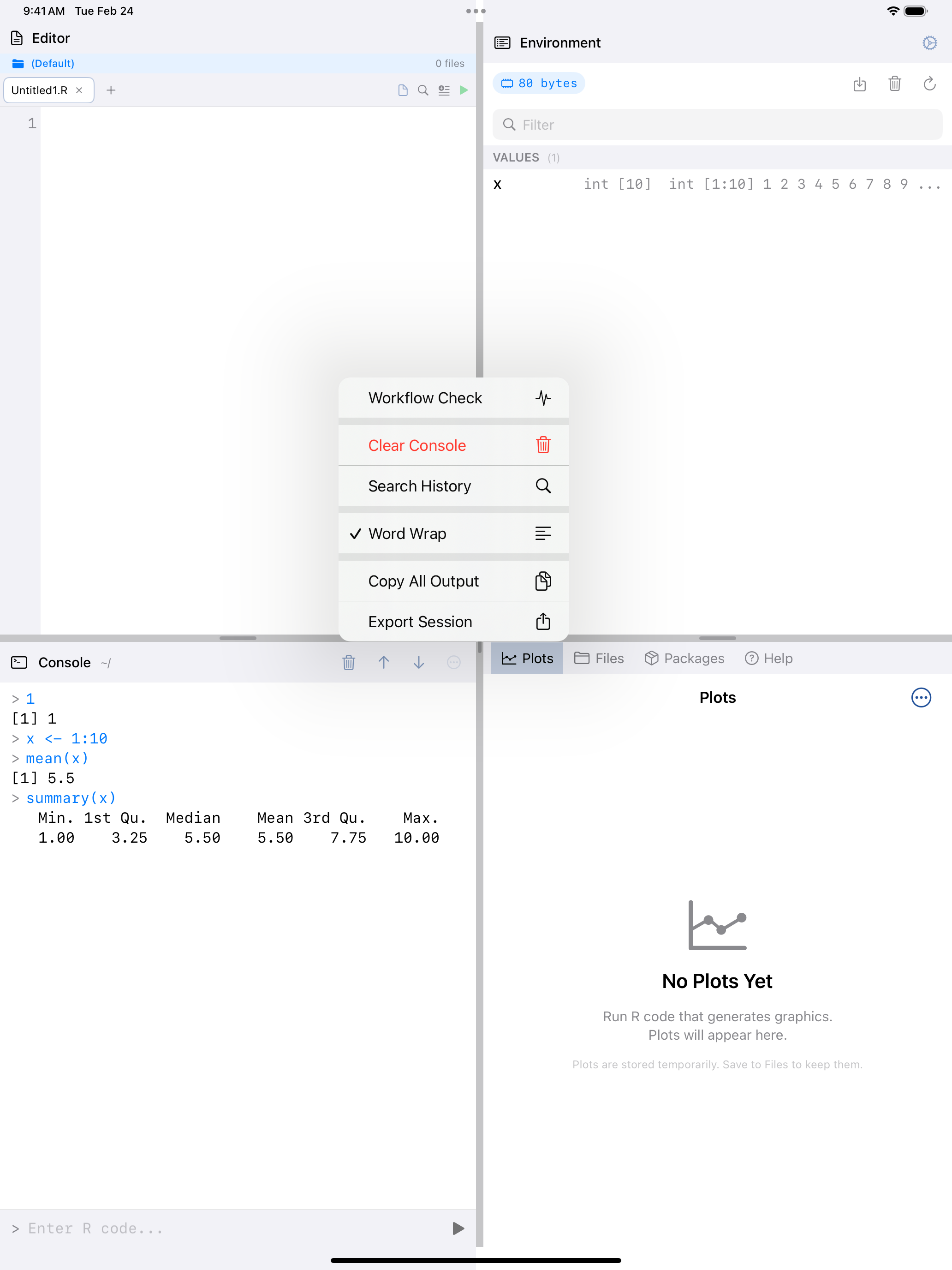 Console menu showing Clear Console on iPad