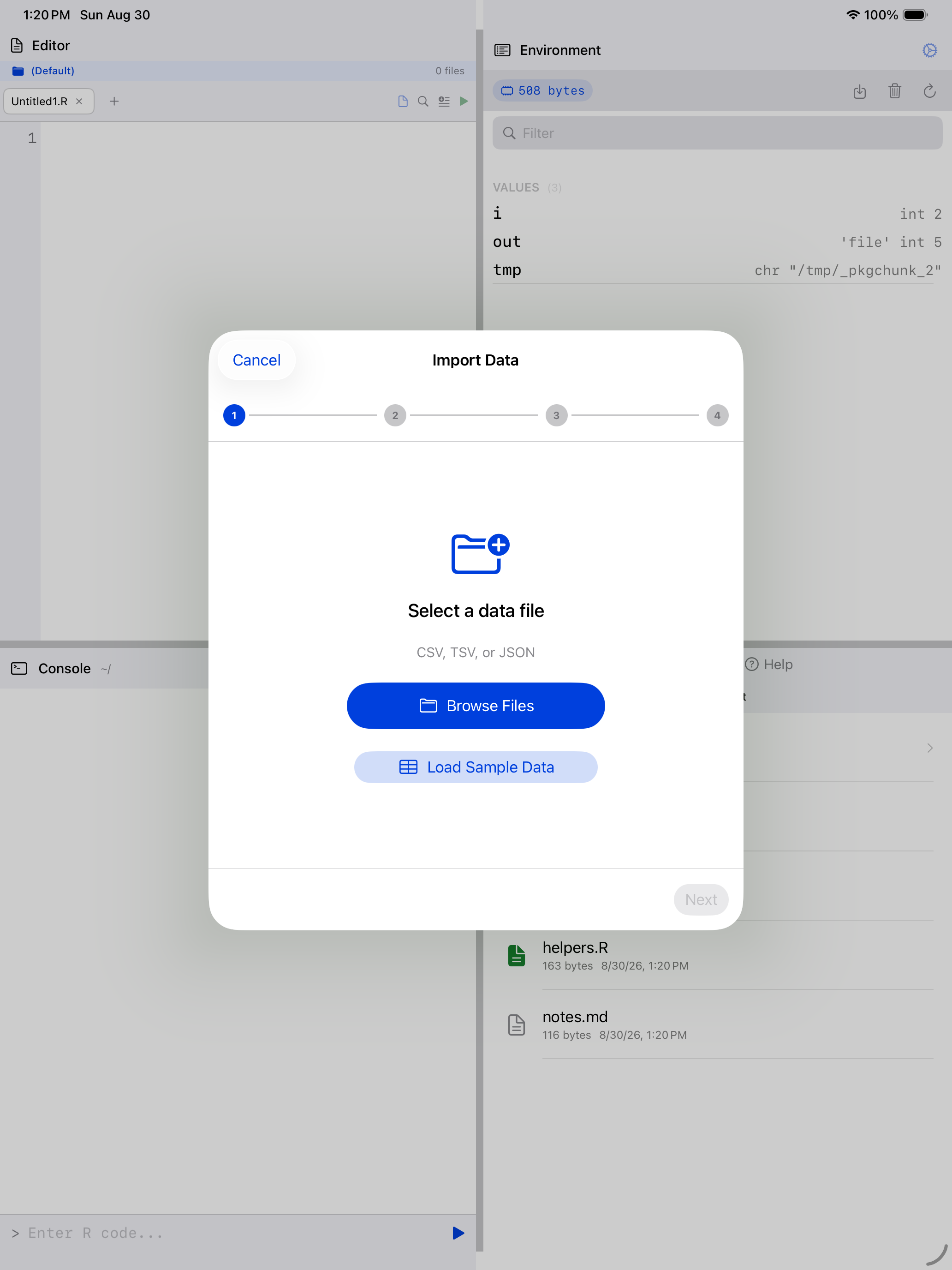 Data Import Wizard step 1 with Browse Files and Load Sample Data on iPad
