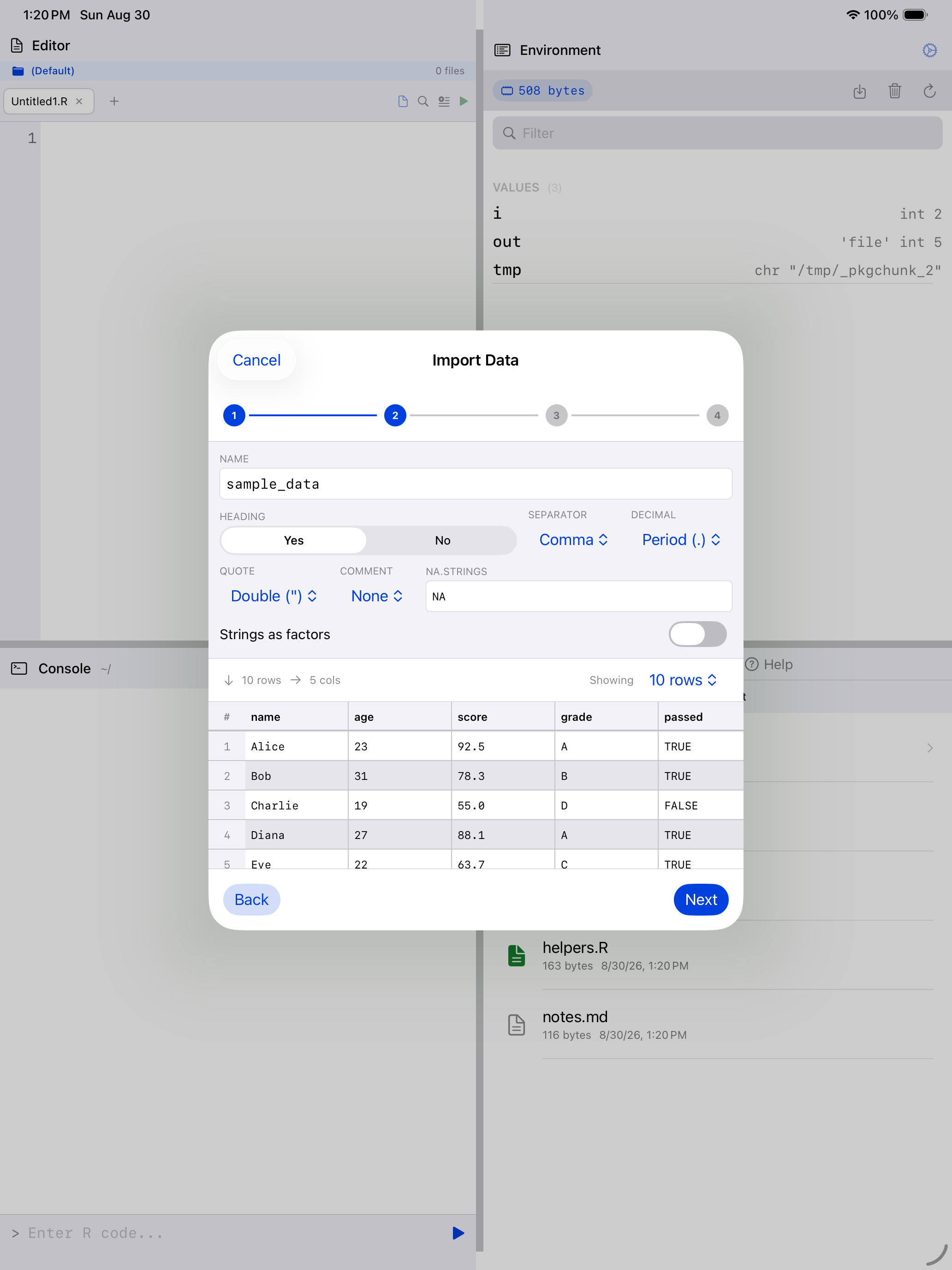 Wizard parsing options with live data preview on iPad