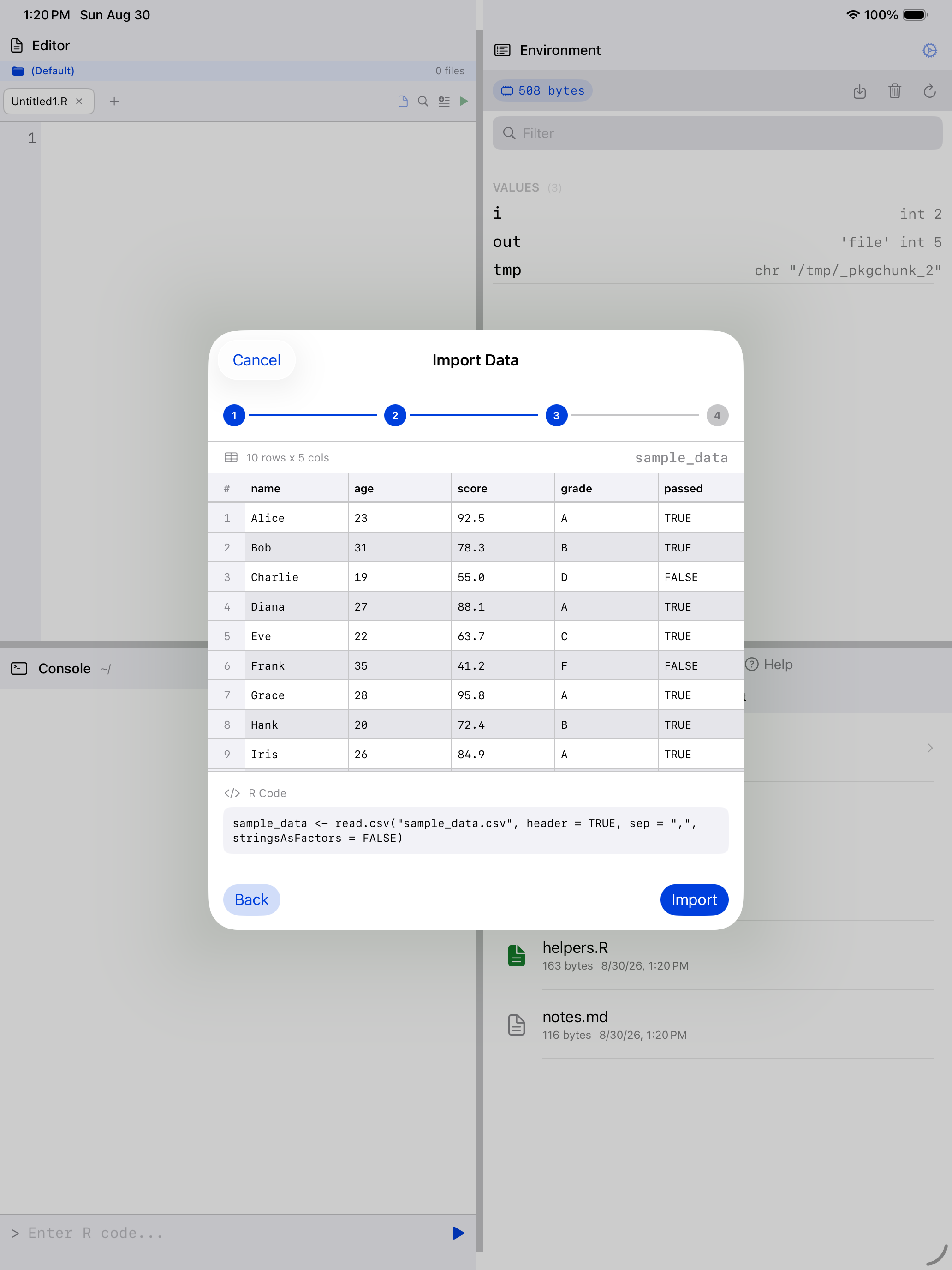 Wizard review step showing the generated read.csv call on iPad